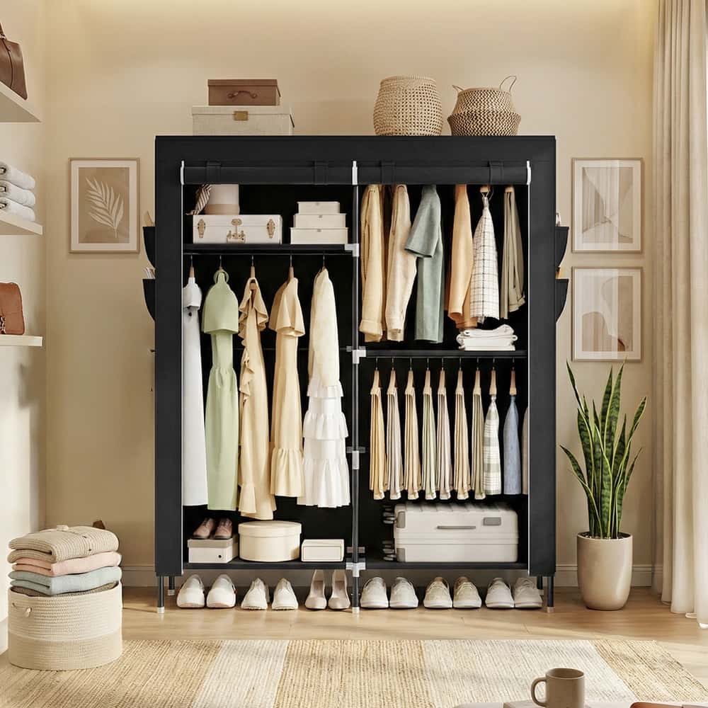 Stoffschrank mit Kleiderstange, Kleiderschrank mit Seitentaschen, Schrank für Schlafzimmer