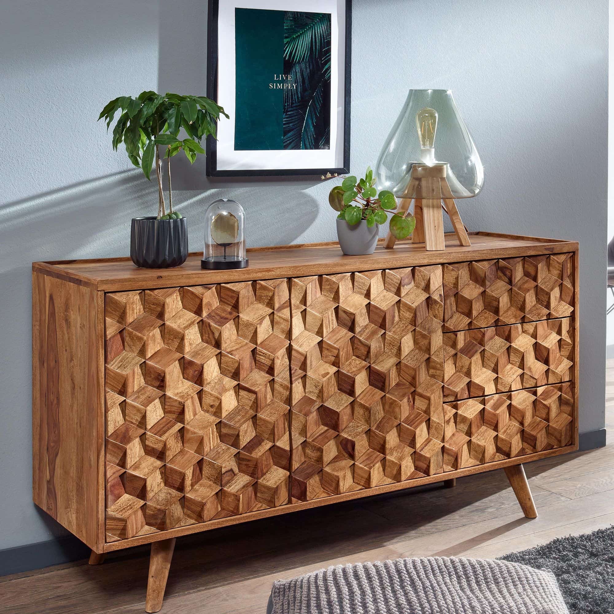 Sideboard 138x76x45 cm Sheesham Massivholz Anrichte mit Türen & Schubladen Sideboard 138x76x45 cm Sheesham Massivholz Anrichte mit Türen & Schubladen