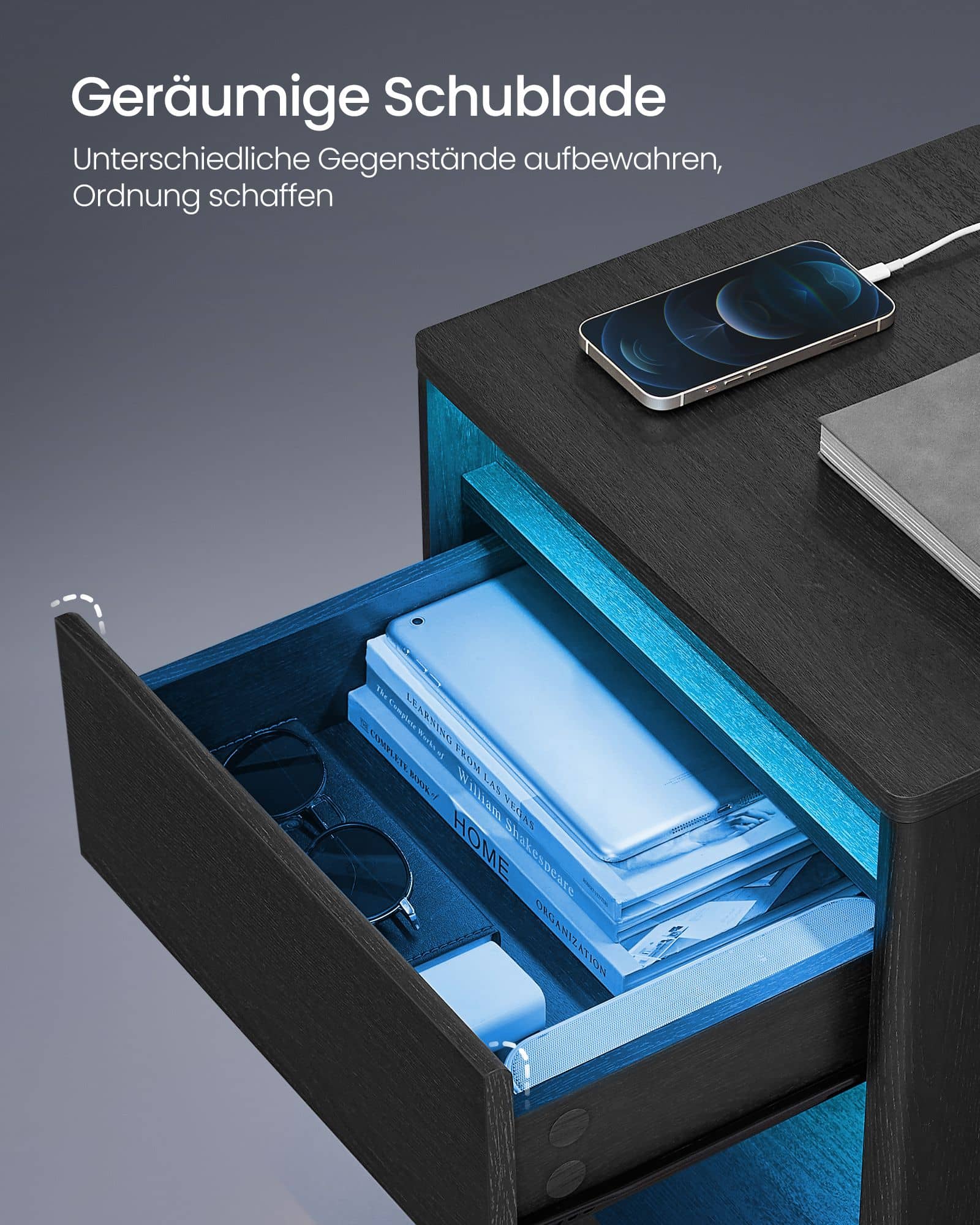 Nachttisch mit LED-Beleuchtung modern aschschwarz Nachttisch mit LED-Beleuchtung modern aschschwarz