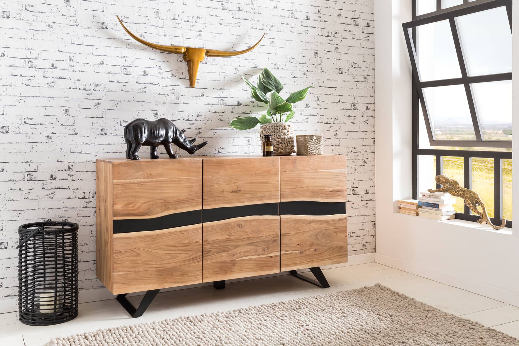 Sideboard 148 x 85 x 43 cm Massiv-Holz Akazie Natur Baumkante Anrichte Sideboard 148 x 85 x 43 cm Massiv-Holz Akazie Natur Baumkante Anrichte