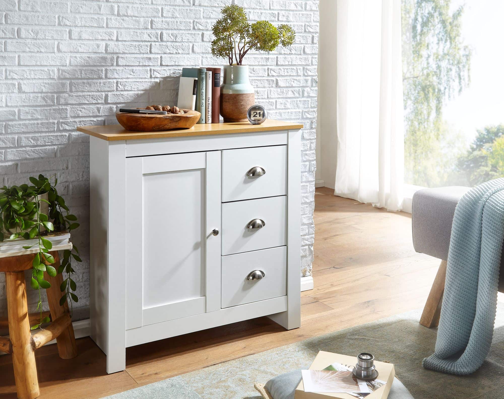 62545-WOHNLING-Sideboard-79X35X81cm-weiss-Eiche-WL6-384-WL6-384_4 Sideboard mit 3 Schubladen 79x81x35 cm Kommode Weiß / Eiche Modern