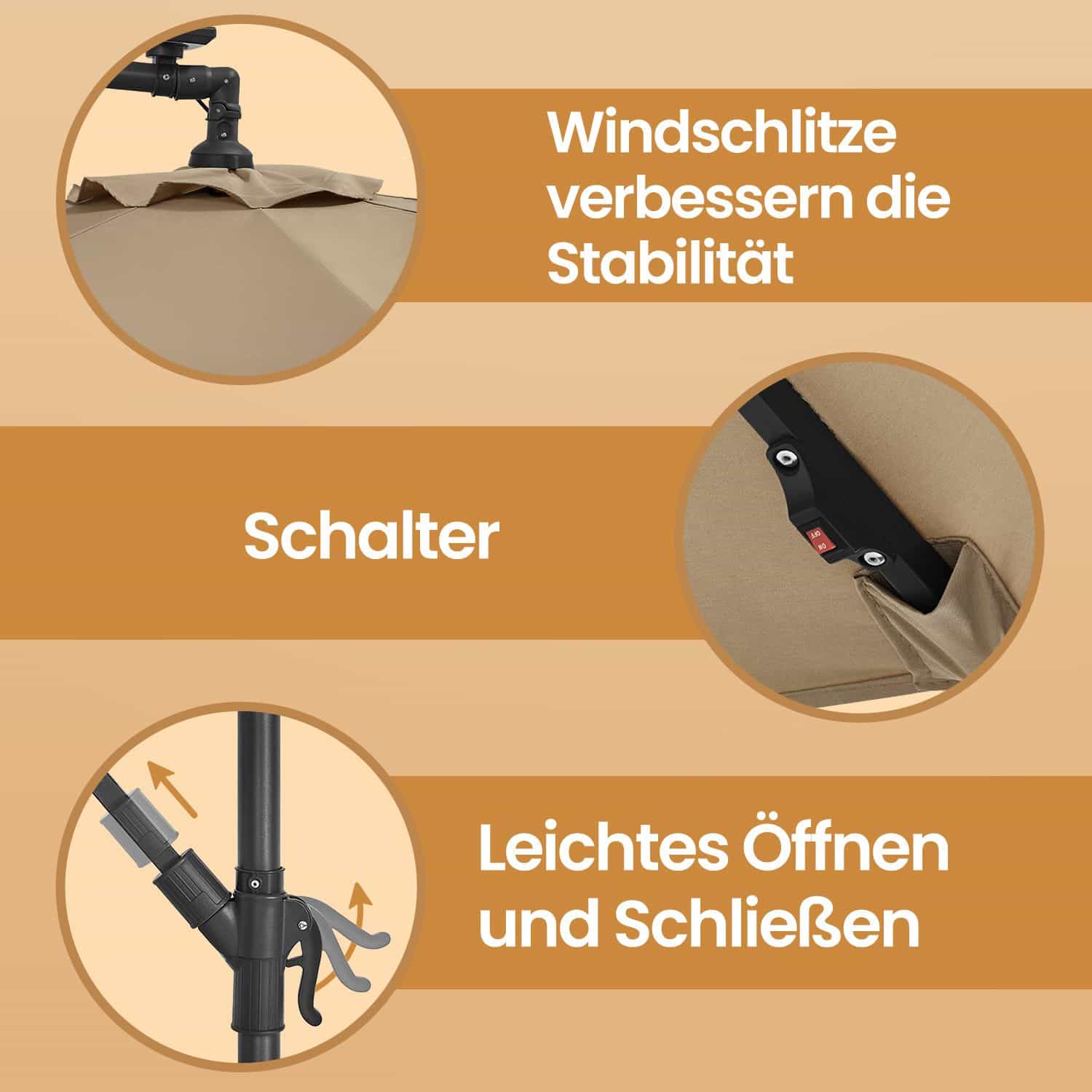 Sonnenschirm mit LED-Solar-Beleuchtung, Ampelschirm 300 cm d, 32 LED-Lämpchen