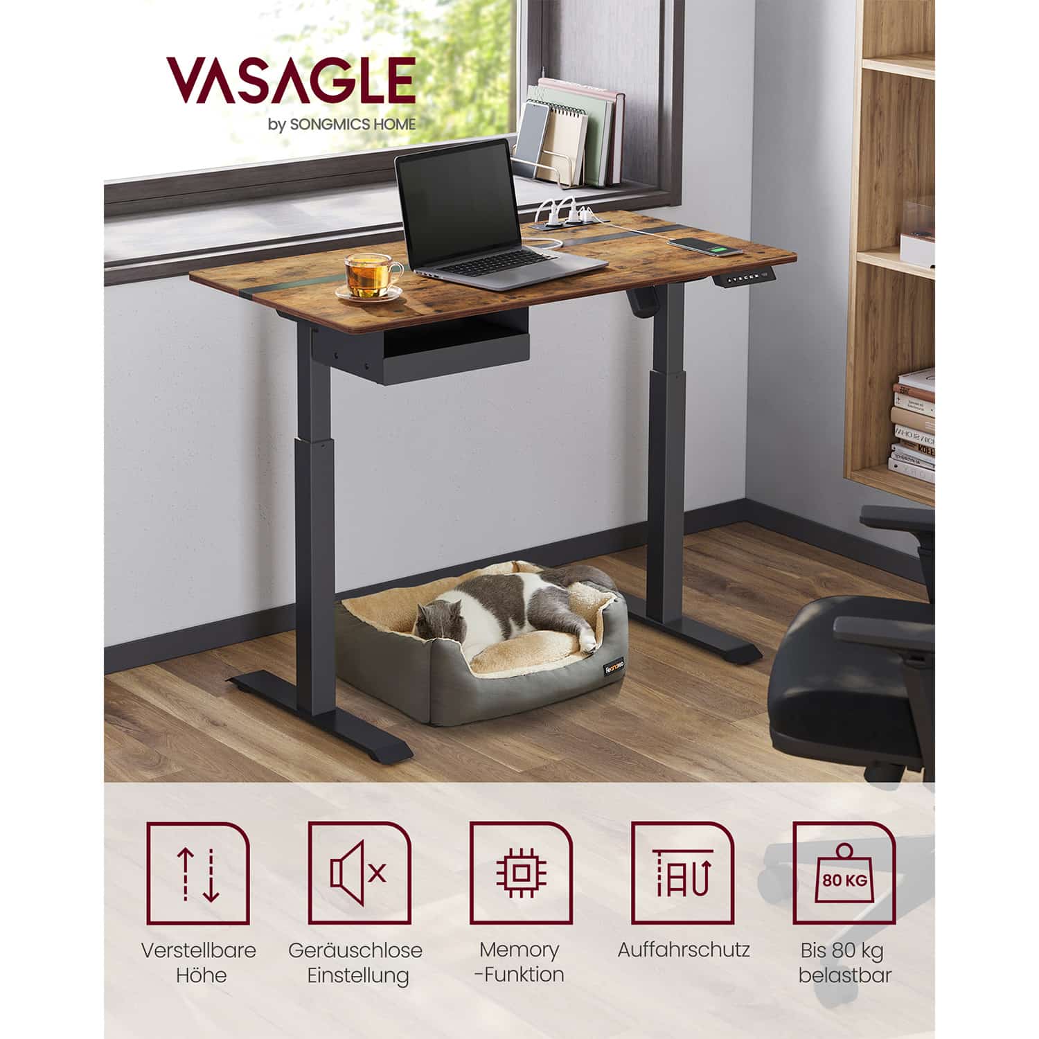 Höhenverstellbarer Schreibtisch 60 x 120 cm vintagebraun-schwarz-B34LSD112X01