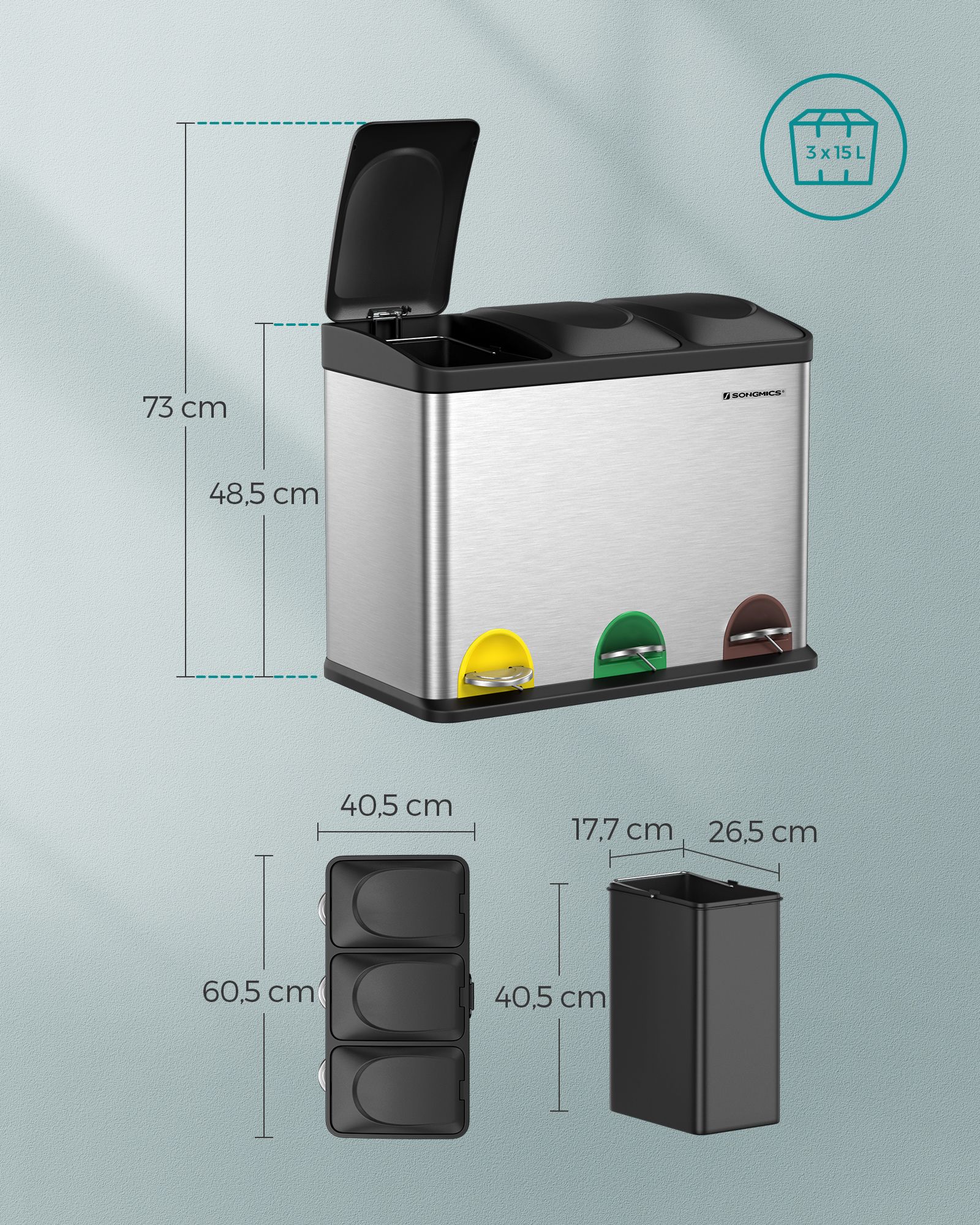Großer Mülltrenner 45 Liter (3 x 15 L)-B34LTB45L Großer Mülltrenner 45 Liter (3 x 15 L)-B34LTB45L