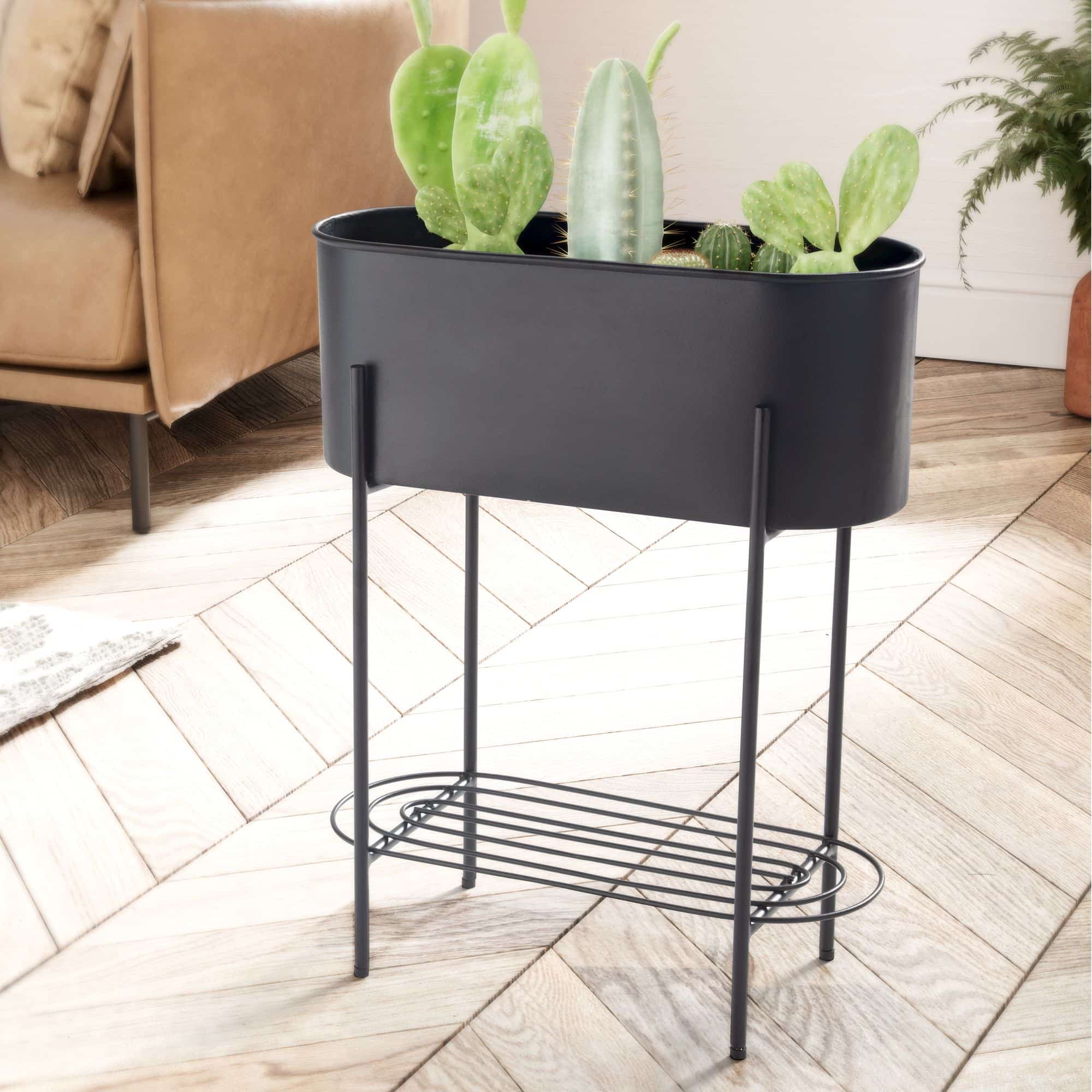 Pflanzgefäß Metall 51x65x22 cm Pflanzkübel Schwarz mit Gestell und Ablage Pflanzgefäß Metall 51x65x22 cm Pflanzkübel Schwarz mit Gestell und Ablage