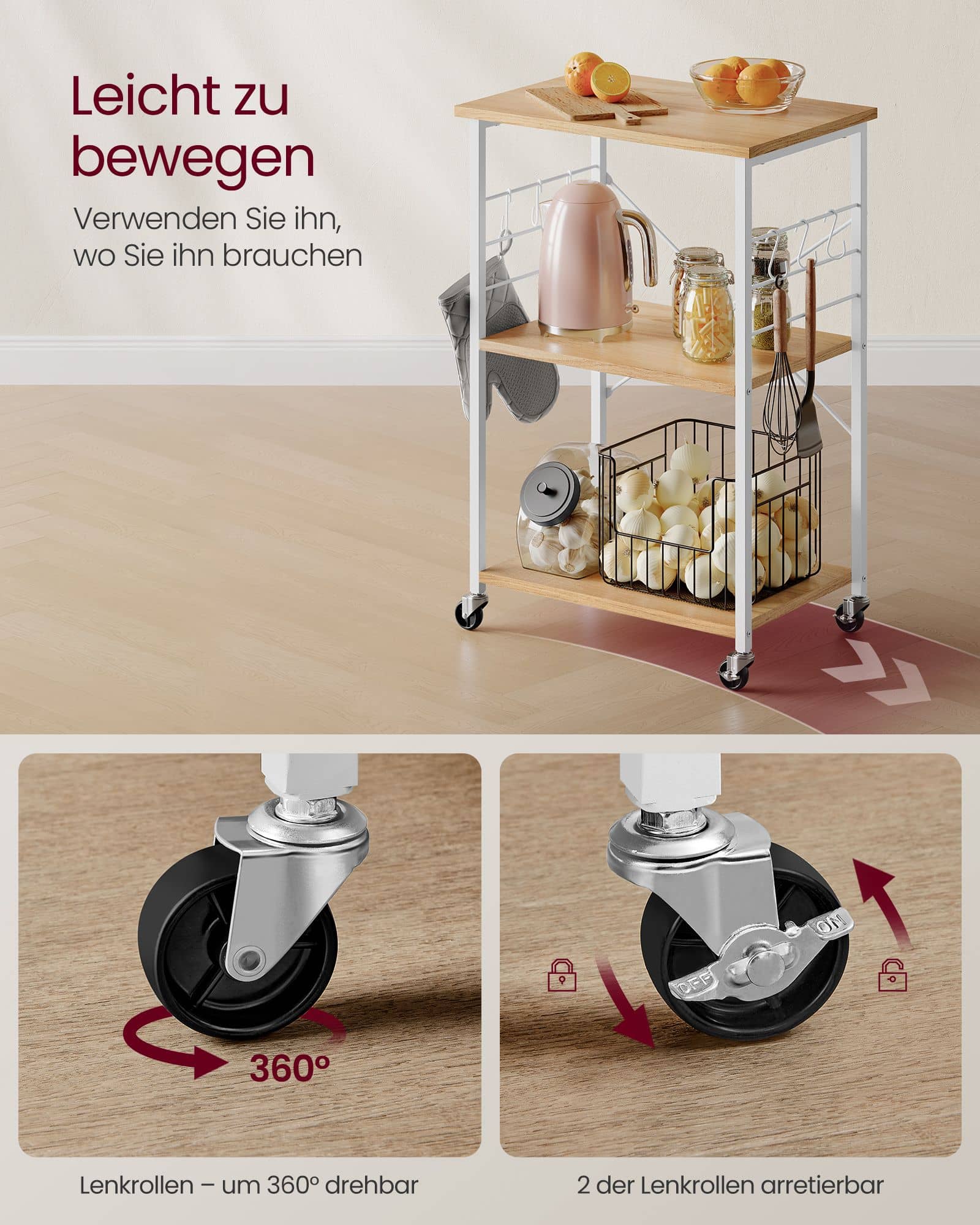 VASAGLE Küchenregal Rollen Goldeiche-Wolkenweiß