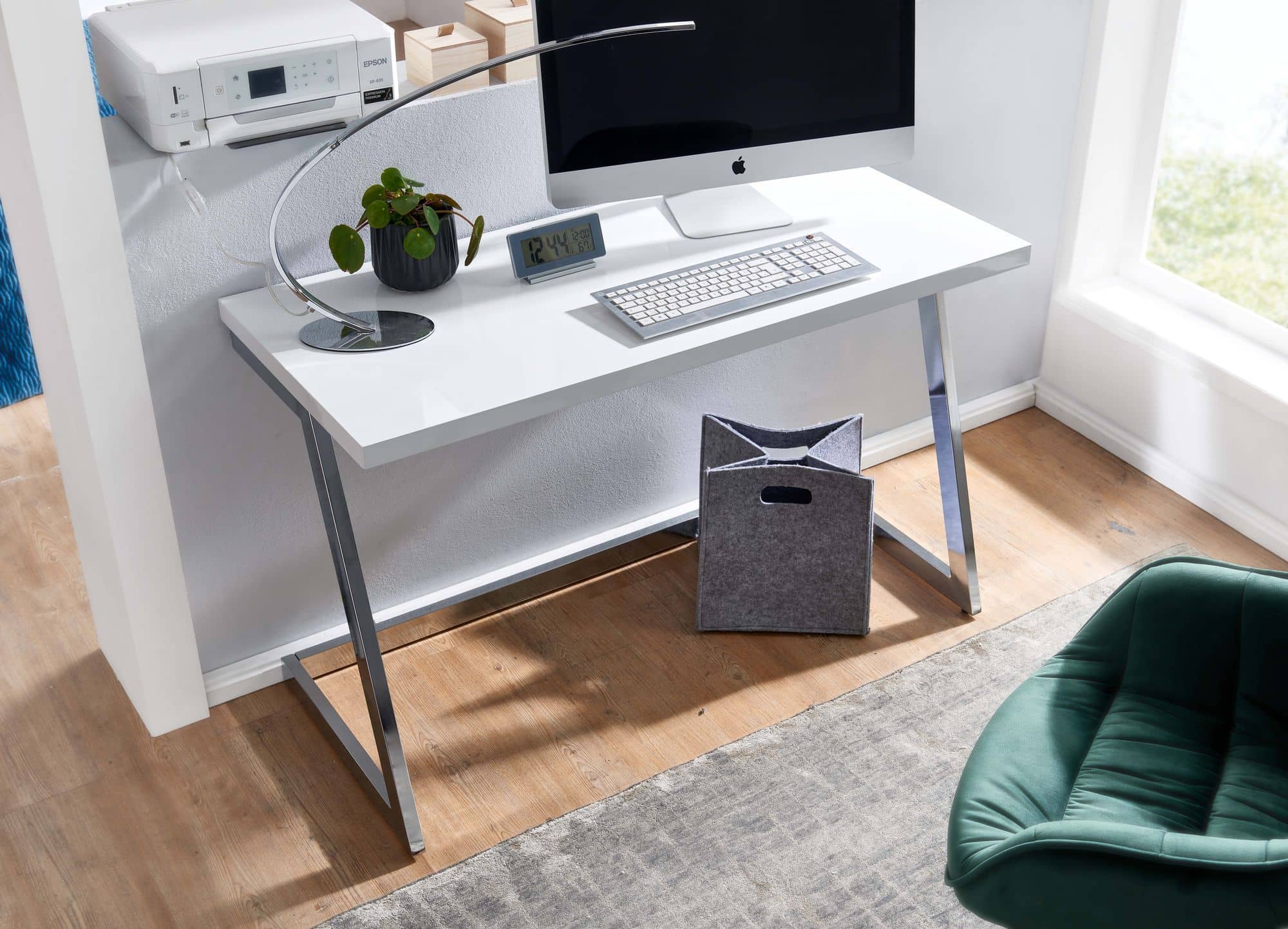 Schreibtisch 120x55x76 cm Hochglanz Weiß / Silber PC-Tisch mit Metallbeine