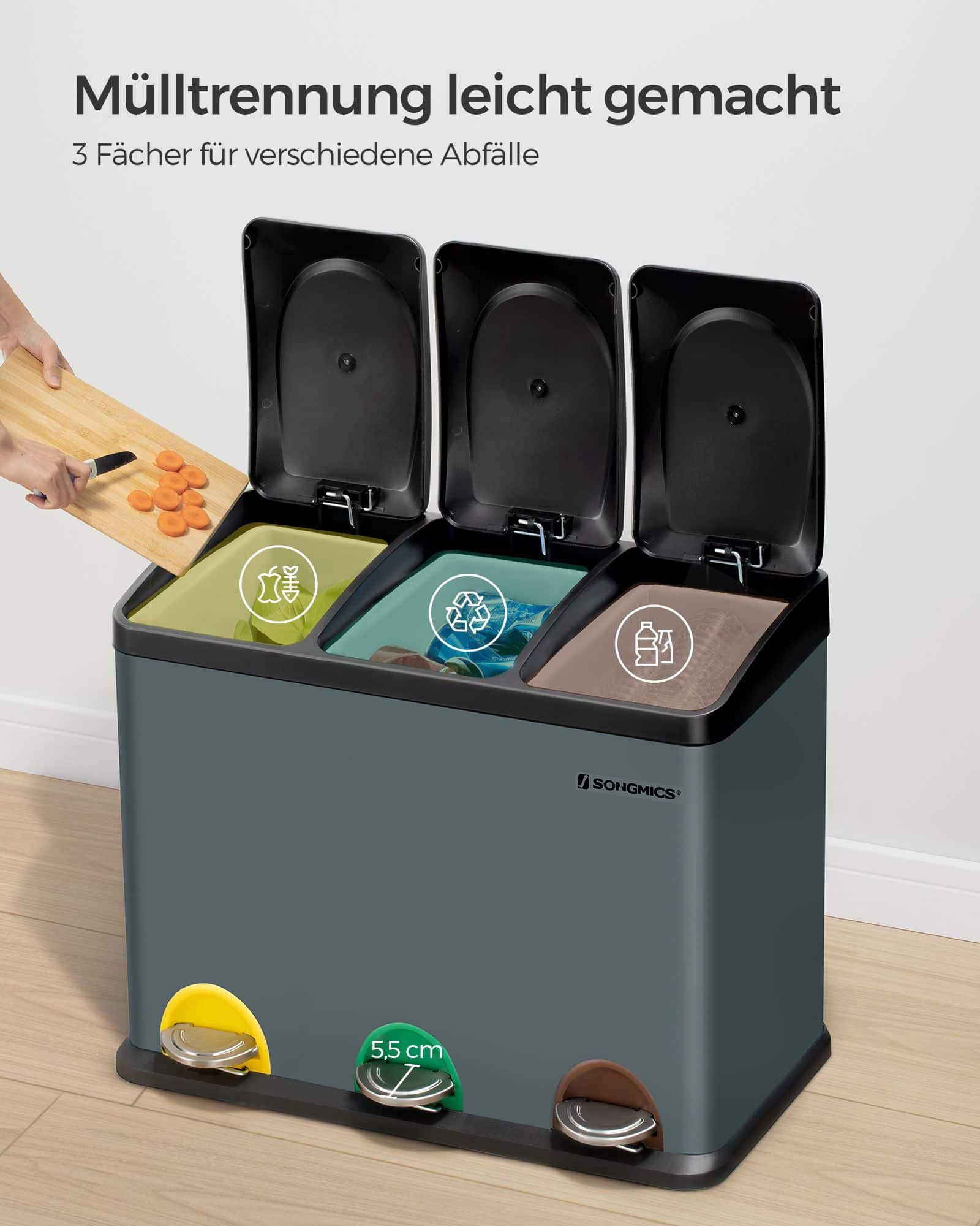 Mülleimer 3 x 15 Liter mit Deckel und Inneneimer rauchgrau-schwarz-LTB45G Mülleimer 3 x 15 Liter mit Deckel und Inneneimer rauchgrau-schwarz-LTB45G