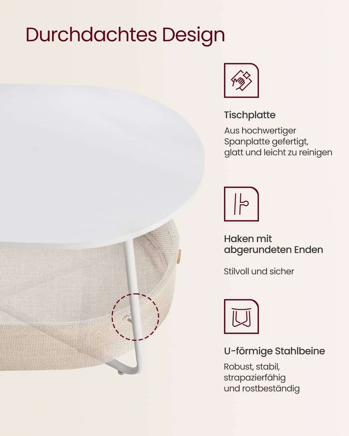 Couchtisch oval mit Stauraum und Stoffkorb Mattweiß-Kamelbraun