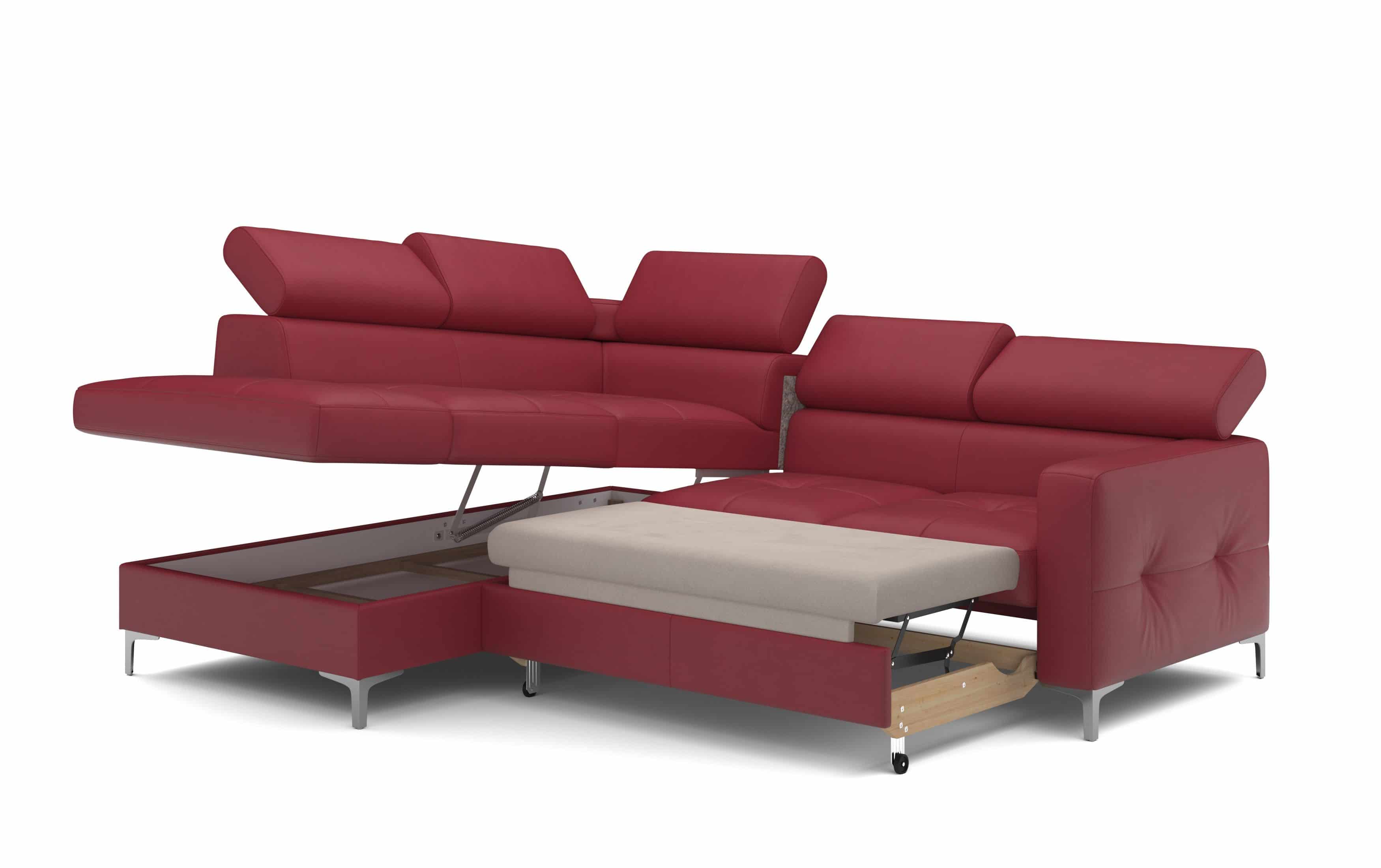 Echtleder Ecksofa Sammy mit Schlaffunktion & Bettkasten in rot - Cotta