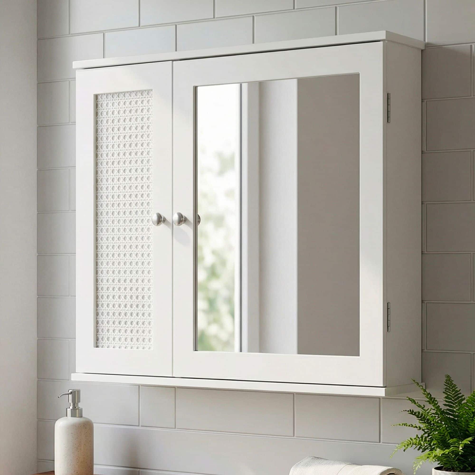 Spiegelschrank Weiß 60cm - Wand Badschrank mit 1 Spiegeltür - Hängeschrank Bad Wandschrank im Rattan Aufbewahrungsschrank mit Tür Design Badezimmerspiegel