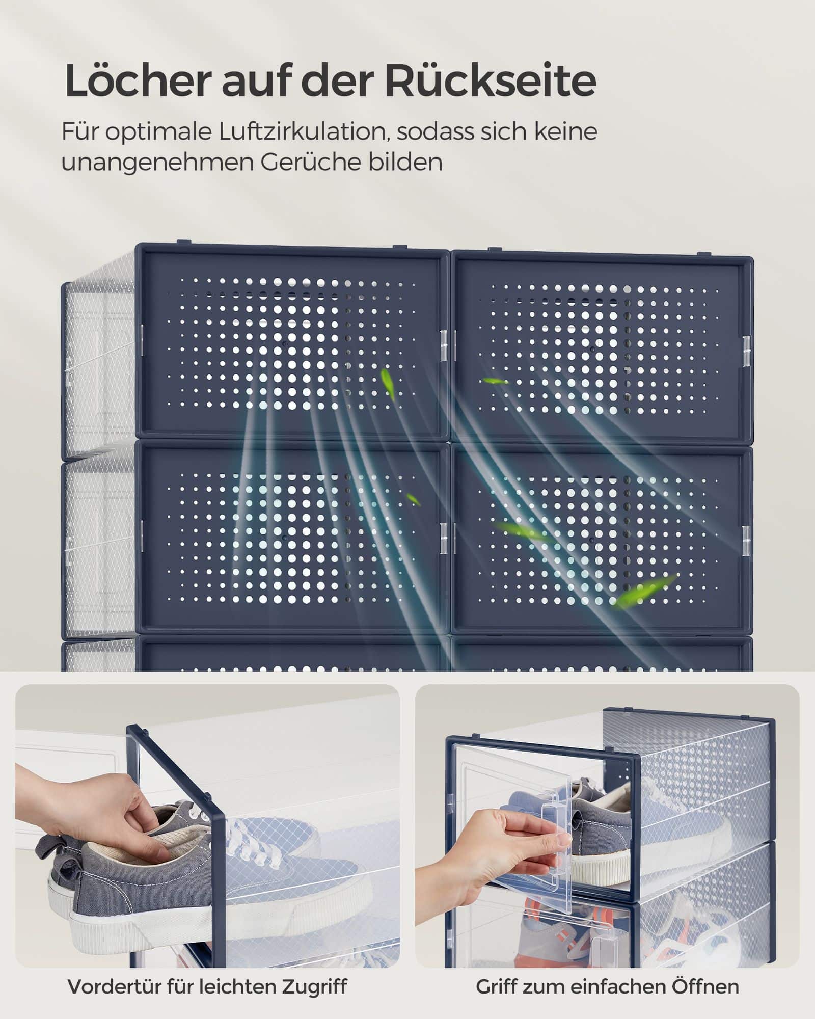 Schuhboxen 18er Set faltbar und stapelbar transparent-anthrazitblau