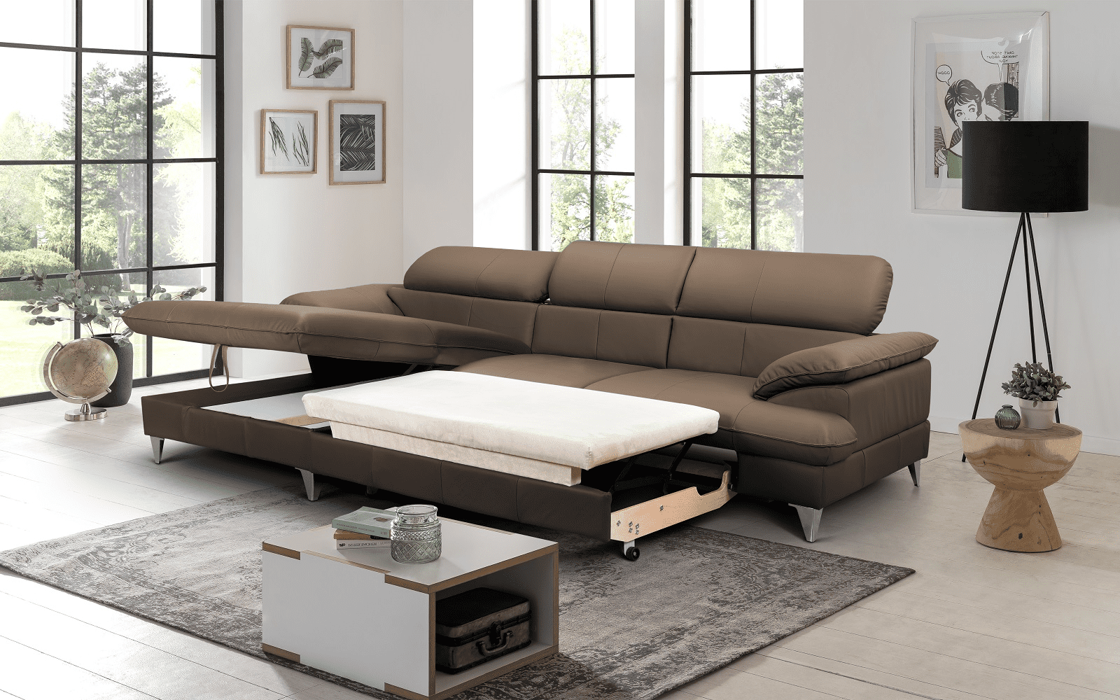 David Ecksofa Echtleder – Schlafsofa mit Bettkasten