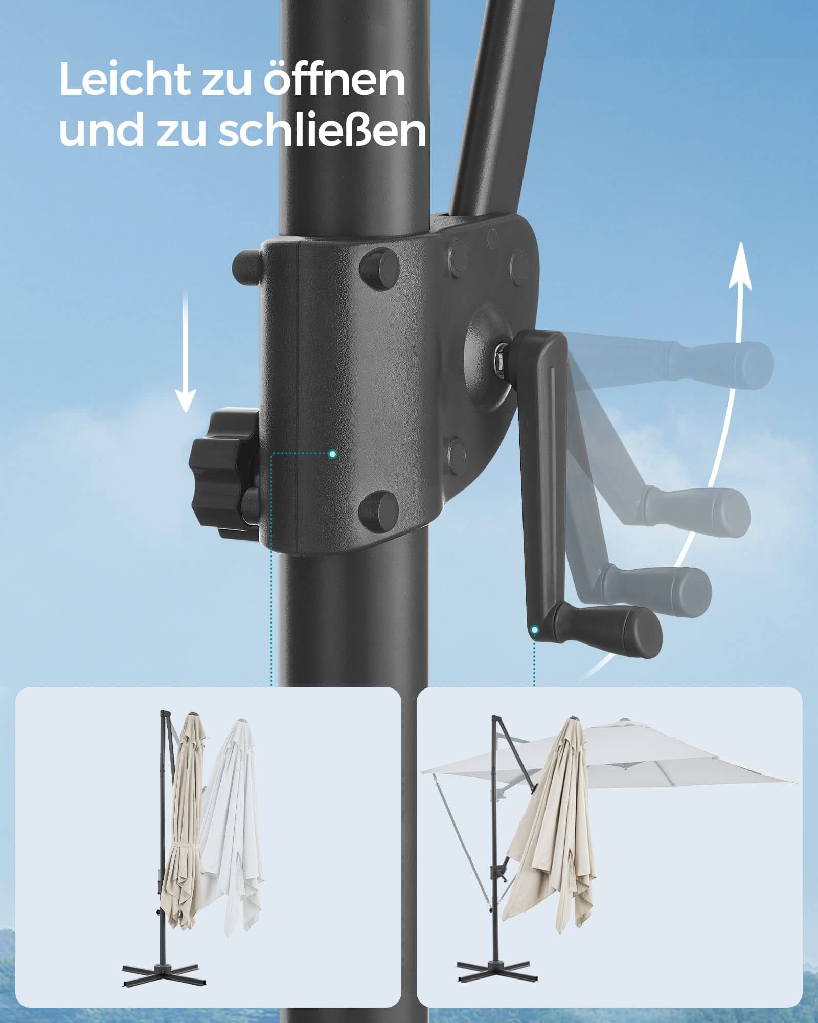 Sonnenschirm mit Kurbel und Kreuzfuß cremeweiß