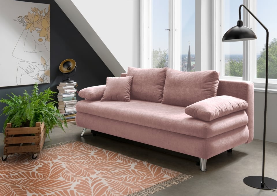 Benformato_Altona_2FBK_3612_F06-1 Einzigartiges Sofa Altona: Schlaffunktion & Bettkasten in Mikrofaser Mango Flamingo