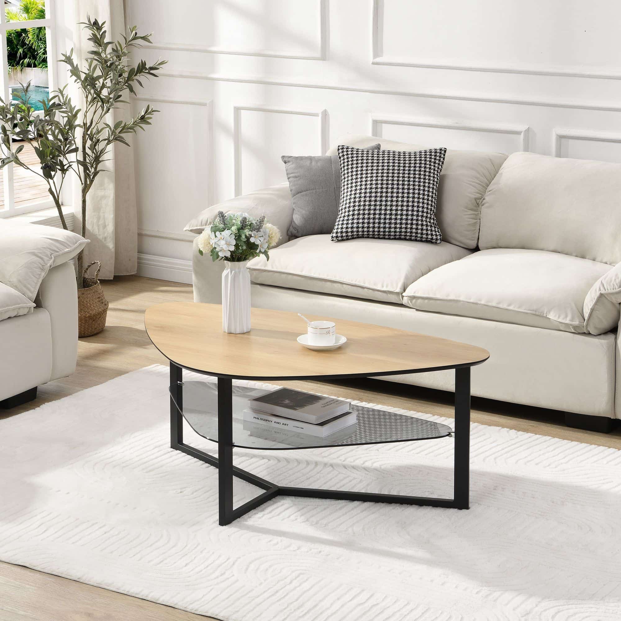 Couchtisch nierenförmig Eiche Optik 110 cm mit Glasablage & Metallgestell Couchtisch nierenförmig Eiche Optik 110 cm mit Glasablage & Metallgestell