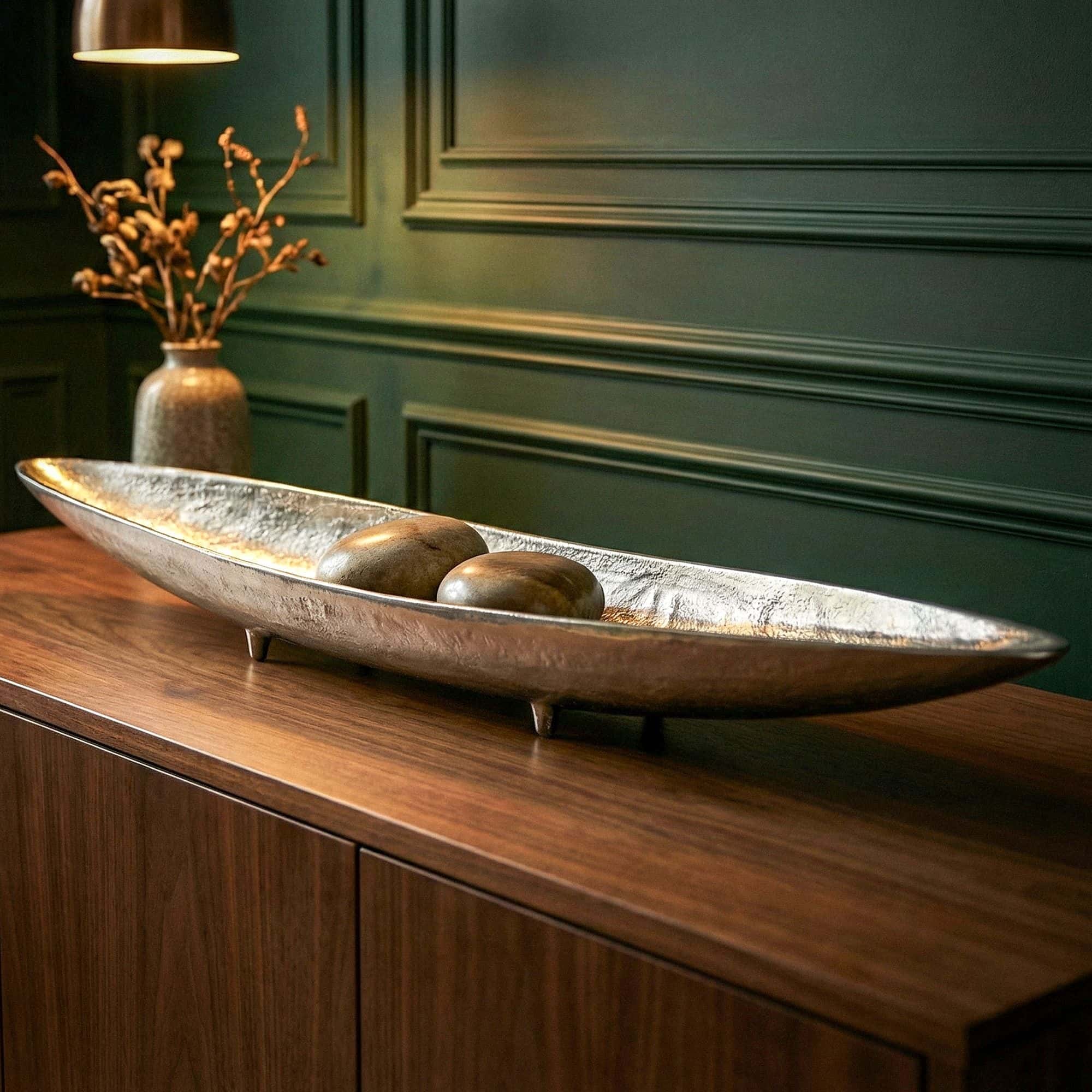 Dekoschale Silber Aluminium Schale 80 cm - Design Tischdeko Metall Wohnzimmer - Alu Wohnaccessoire Modern - Metallschale Dekoration - Aluschale lang schmal Handmade