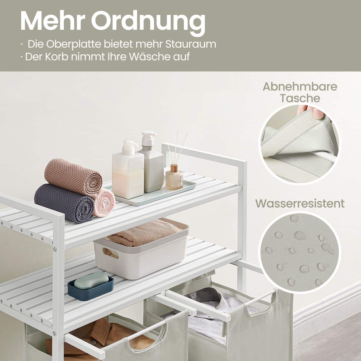 Wäschekorb 2 Fächer, Wäschesammler mit 2 Ablagen, Wäschesack ausziehbar und abnehmbar