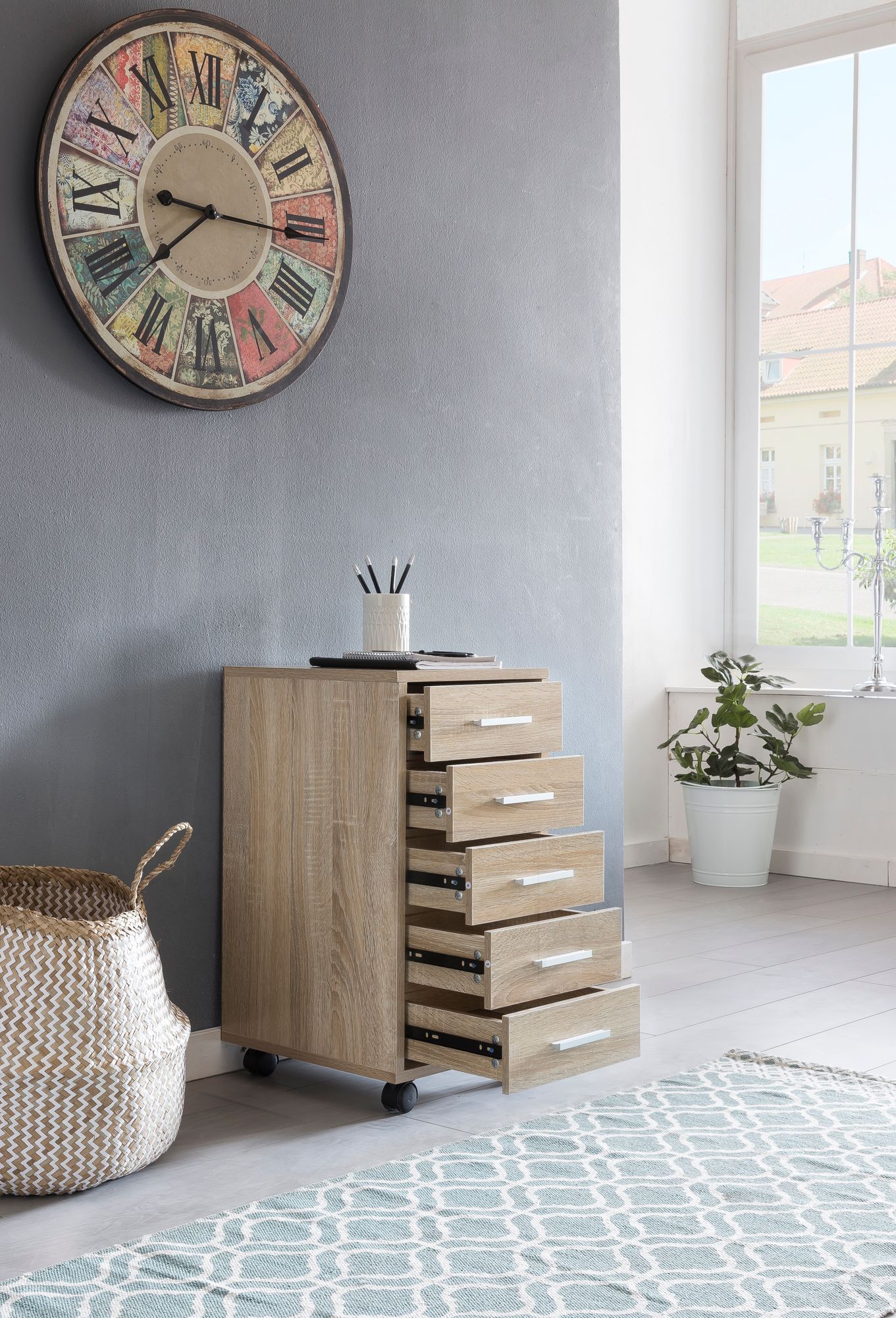 45766-WOHNLING-Rollcontainer-LISA-mit-5-Schublade_3 Rollcontainer Sonoma 33 x 63 x 38 cm Holz Schubladenschrank Schreibtisch