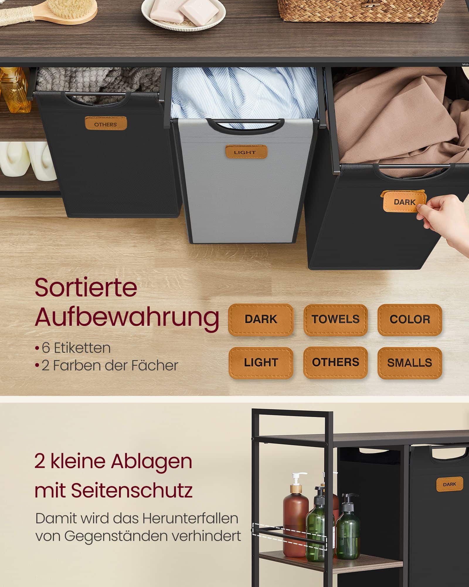Wäschekorb 3 Fächer mit Rollen und abnehmbaren Taschen Wäschekorb 3 Fächer mit Rollen und abnehmbaren Taschen
