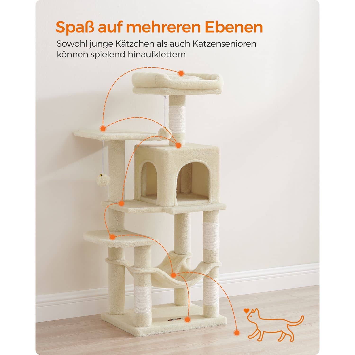 Kratzbaum 112 cm mit Plattformen und Hängematte beige-PCT261M01 Kratzbaum 112 cm mit Plattformen und Hängematte beige-PCT261M01