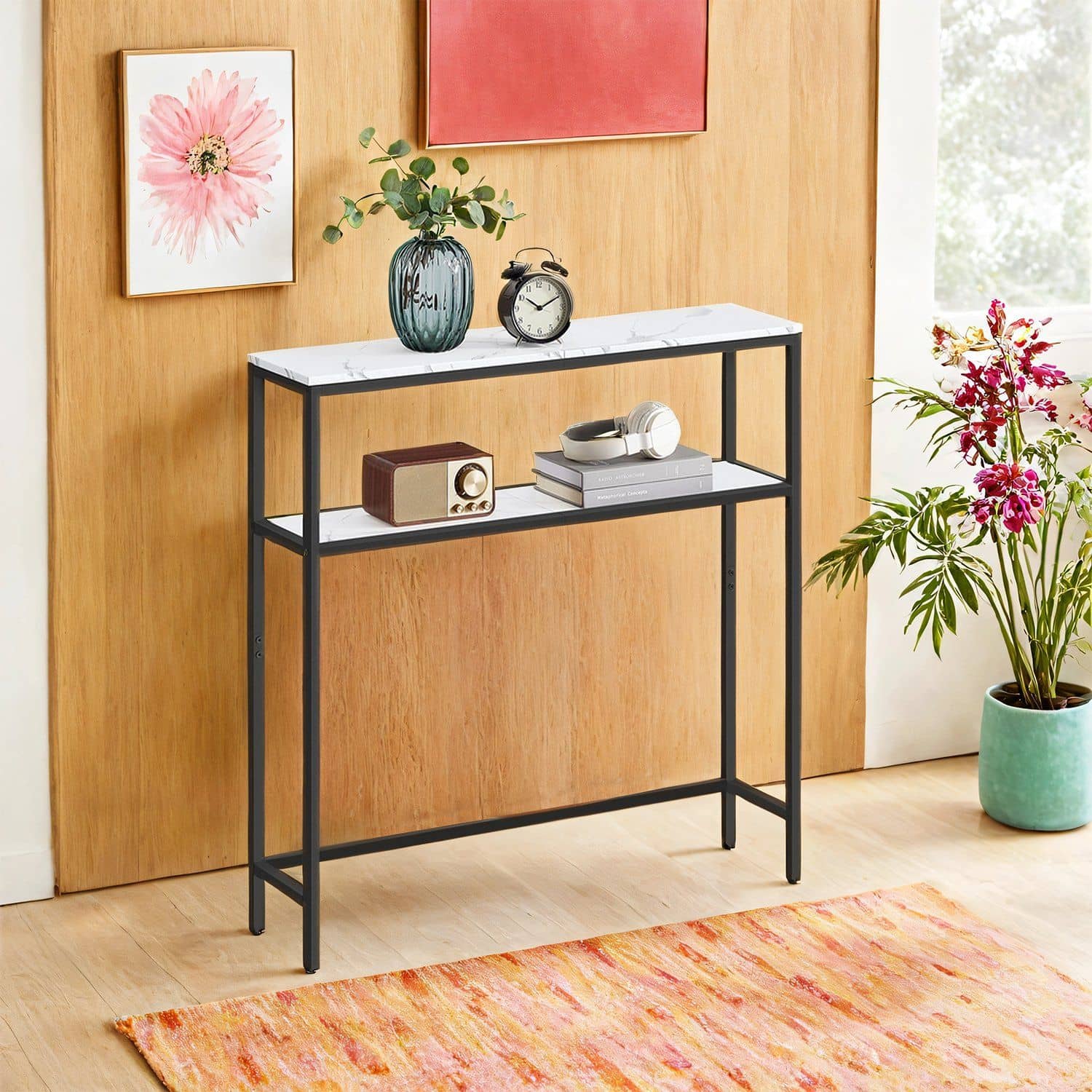 schmaler Sofatisch mit 2 Ablagen marmorweiß-tintenschwarz schmaler Sofatisch mit 2 Ablagen marmorweiß-tintenschwarz