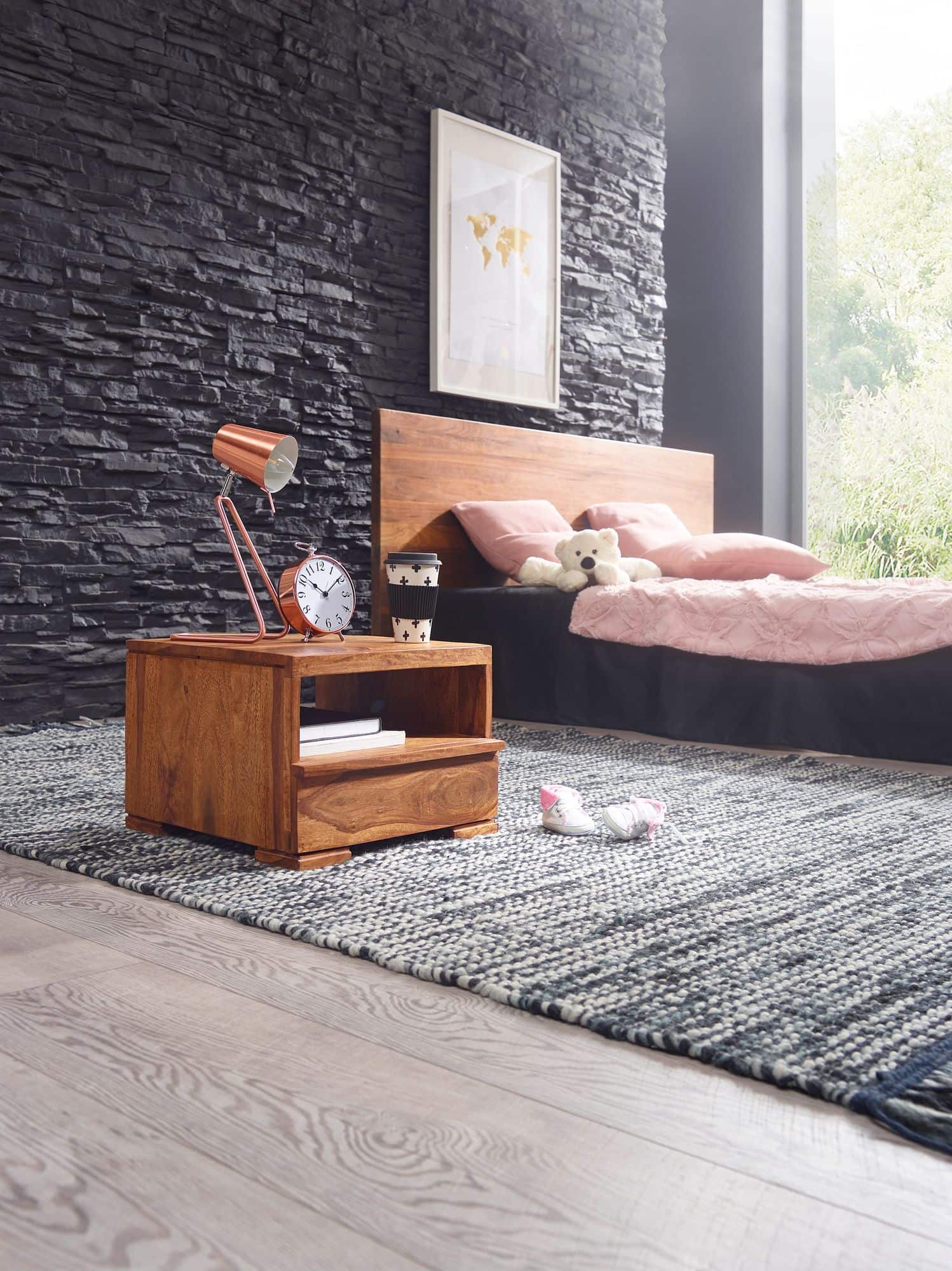 38521-WOHNLING-Nachttisch-MUMBAI-Massiv-Holz-Shee_1 Nachttisch MUMBAI Massiv-Holz Sheesham Nacht-Kommode 30 cm 1 Schublade Ablage Nachtschrank Landhaus-Stil Echt-Holz