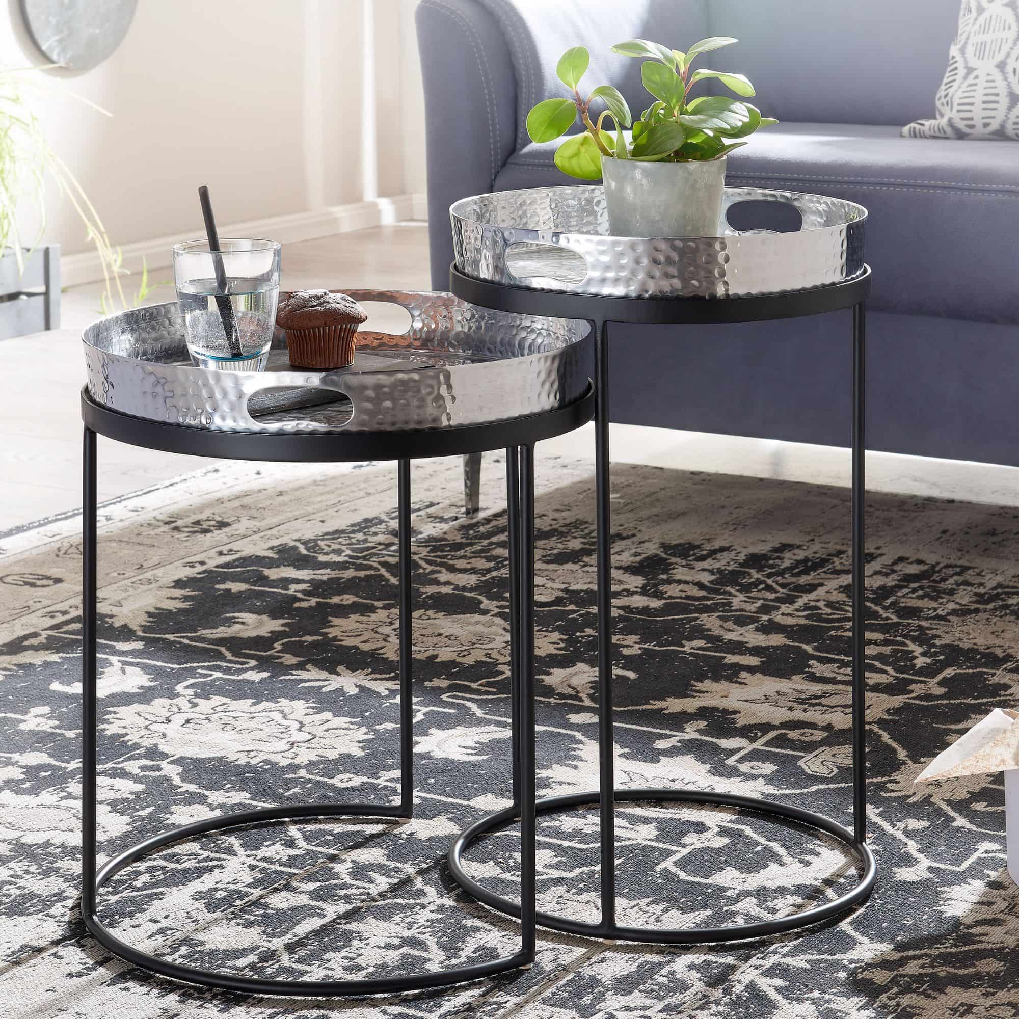 63453-WOHNLING-Couchtisch-2er-Set-Silber-schwarz-WL6-460-WL6-460_4 Beistelltisch 2er Set Silber / Schwarz Metall Hammerschlag Satztisch Rund