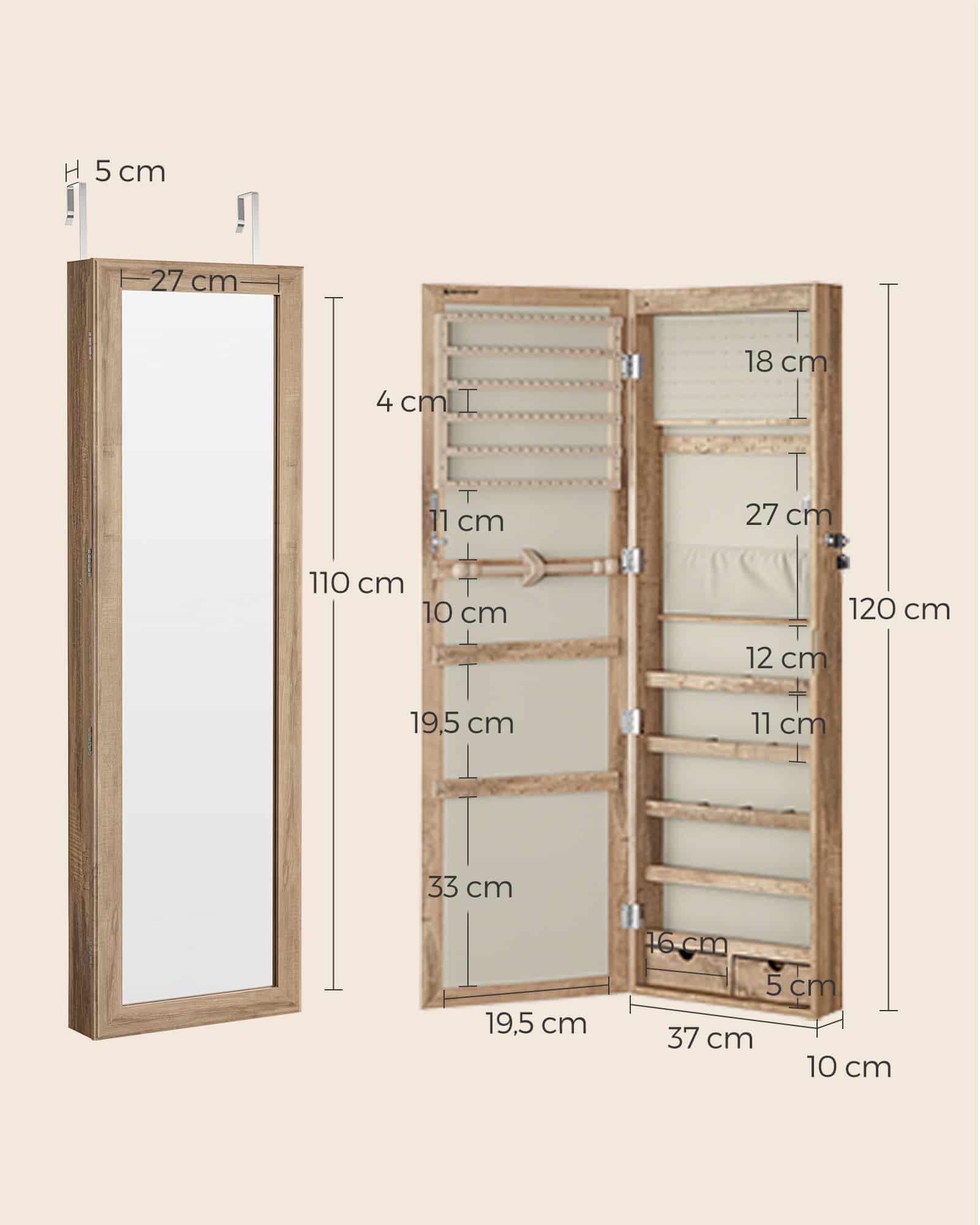 Schmuckschrank 120 cm hoch mit beleuchtetem Innenspiegel eichenbraun Schmuckschrank 120 cm hoch mit beleuchtetem Innenspiegel eichenbraun