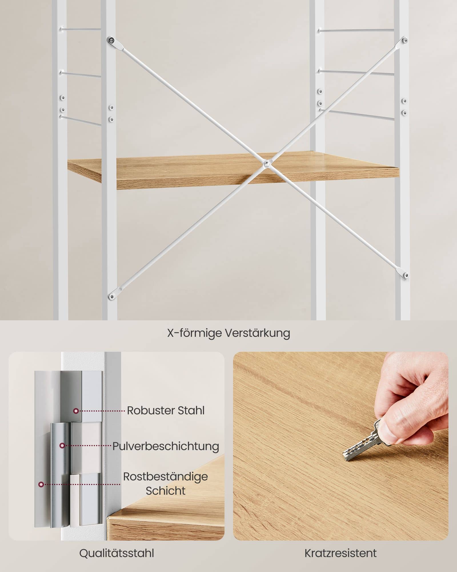 VASAGLE Küchenregal Rollen Goldeiche-Wolkenweiß