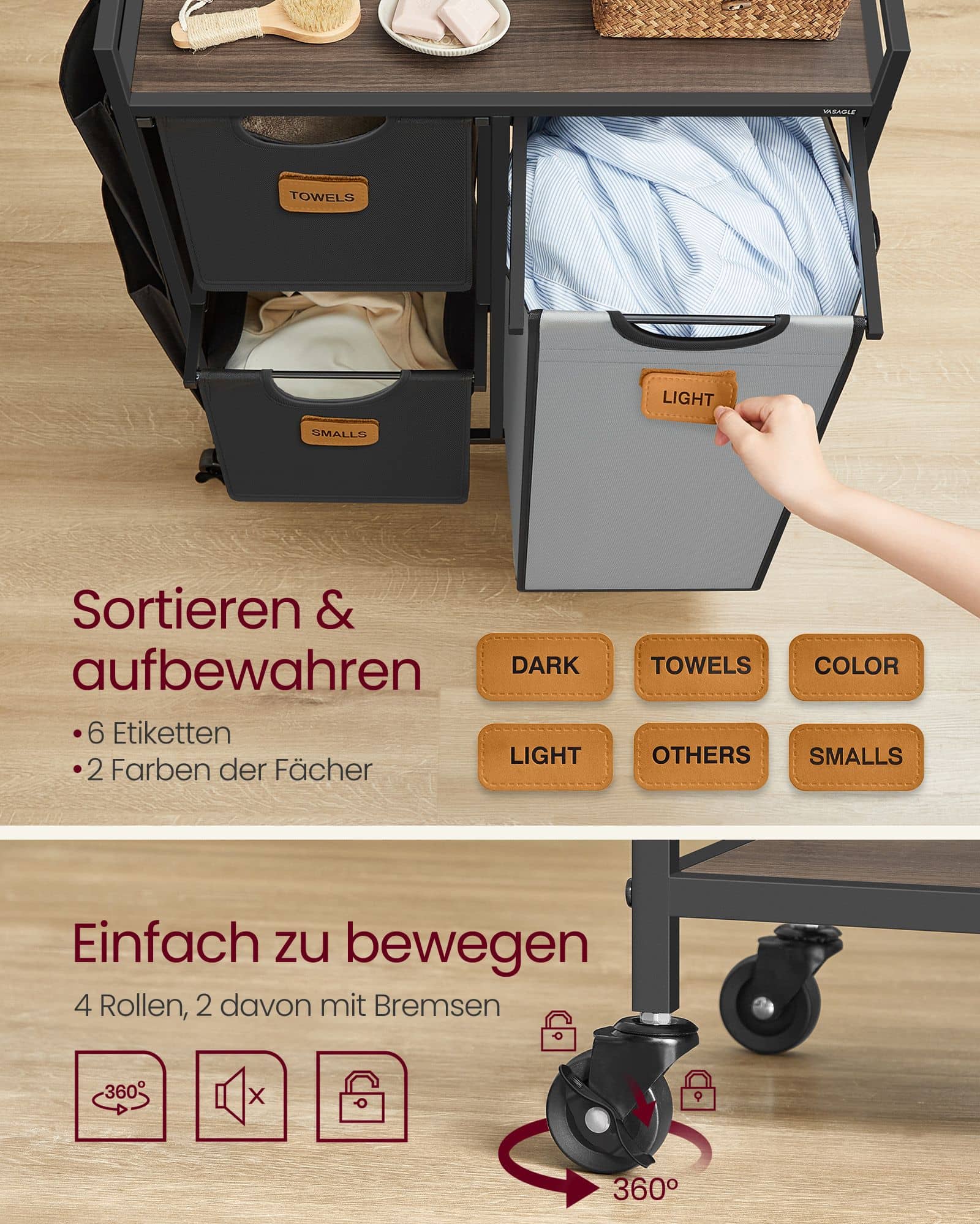 Wäschekorb 3 Fächer kastanienbraun-tintenschwarz-taubengrau Wäschekorb 3 Fächer kastanienbraun-tintenschwarz-taubengrau