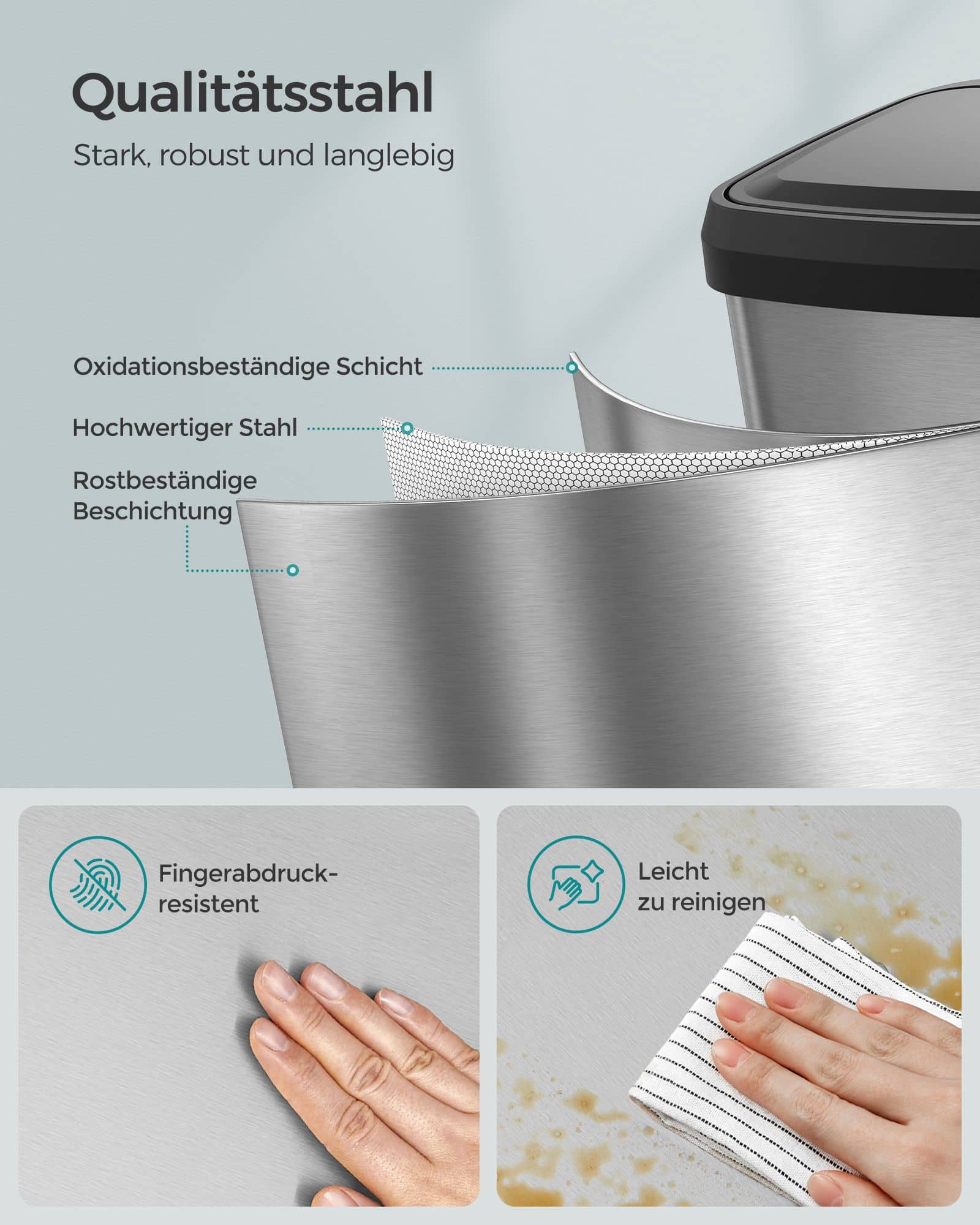 Mülleimer Küche 68 Liter aus Metall mit Deckel silbern-schwarz Mülleimer Küche 68 Liter aus Metall mit Deckel silbern-schwarz