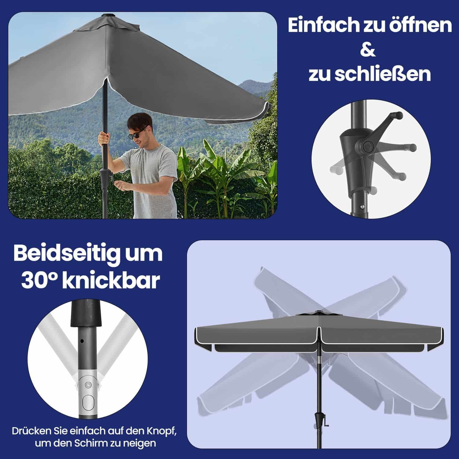 Sonnenschirm 200 x 150 cm, rechteckiger Balkonschirm, Sonnenschutz UPF 50+ Sonnenschirm 200 x 150 cm, rechteckiger Balkonschirm, Sonnenschutz UPF 50+