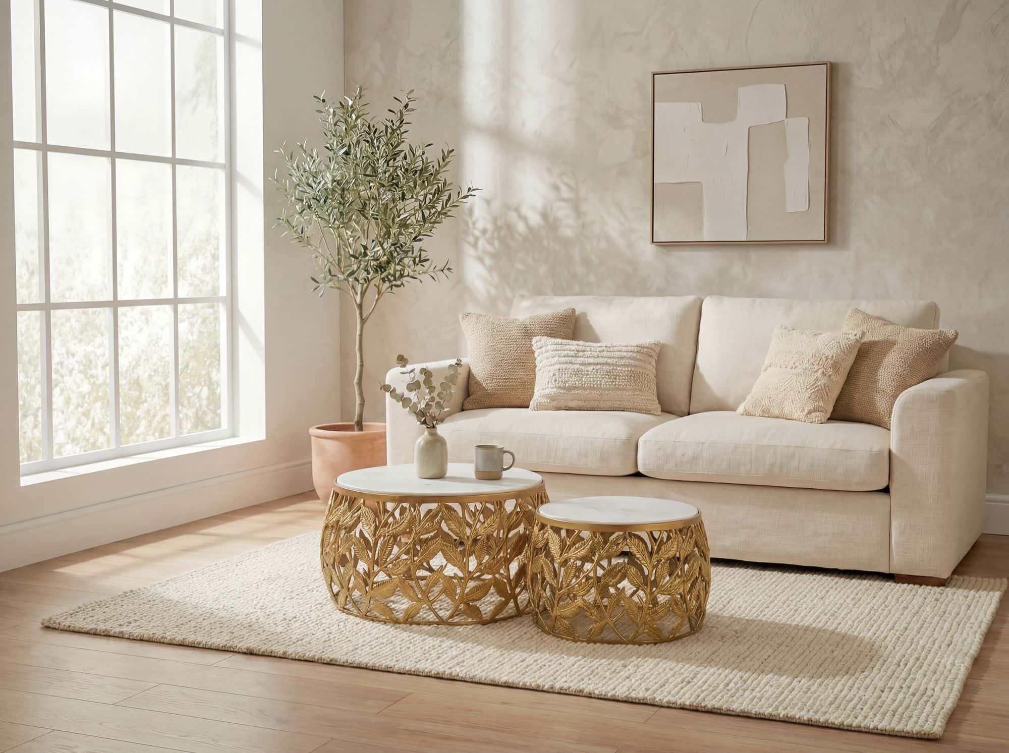 2er Set Couchtisch Gold mit weißer Marmor Tischplatte - Wohnzimmer Tisch Satztisch rund - Beistelltisch Alu modern - Sofatisch Set Aluminium Metallgestell Design Handmade