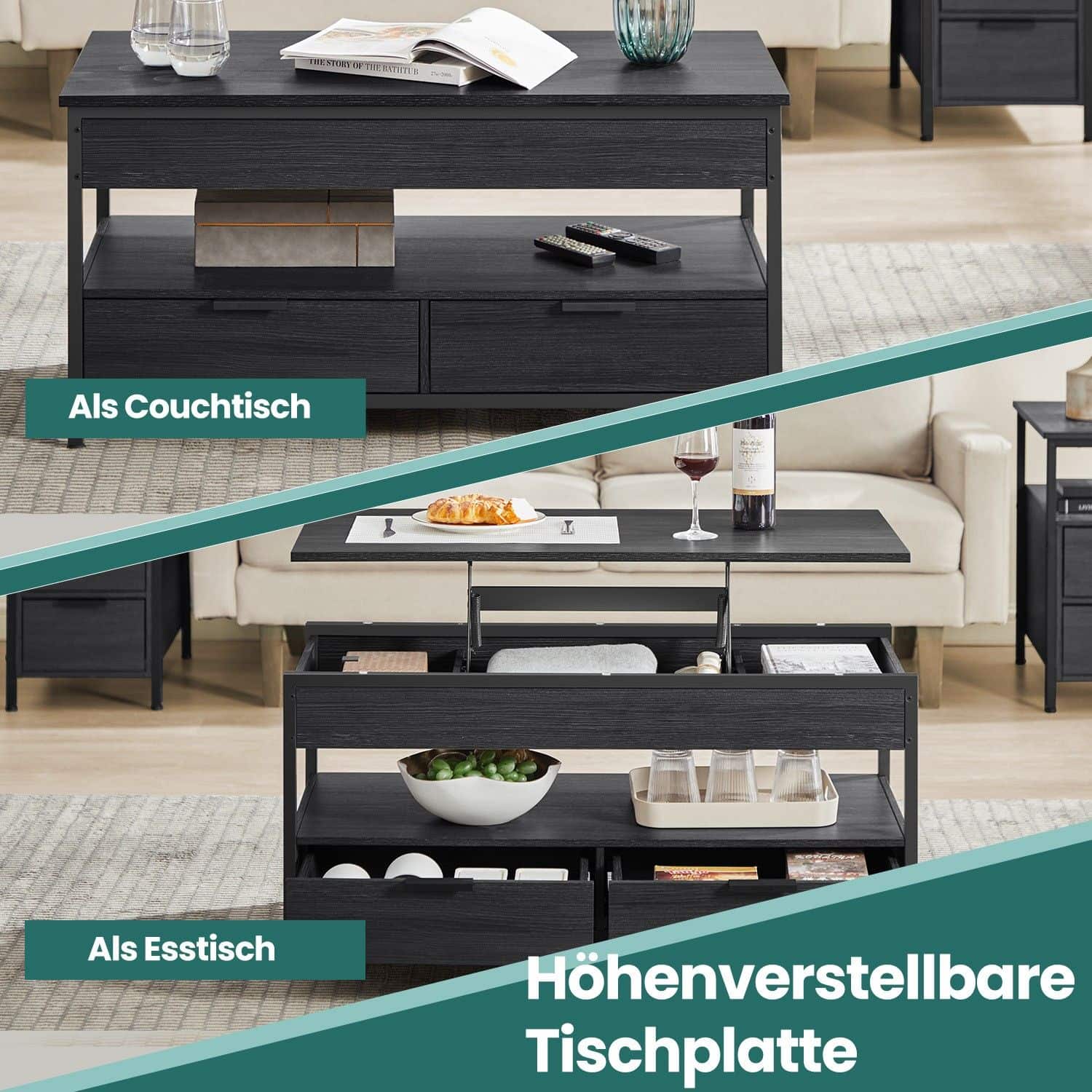 Couchtisch, Wohnzimmertisch, höhenverstellbare Tischplatte Couchtisch, Wohnzimmertisch, höhenverstellbare Tischplatte