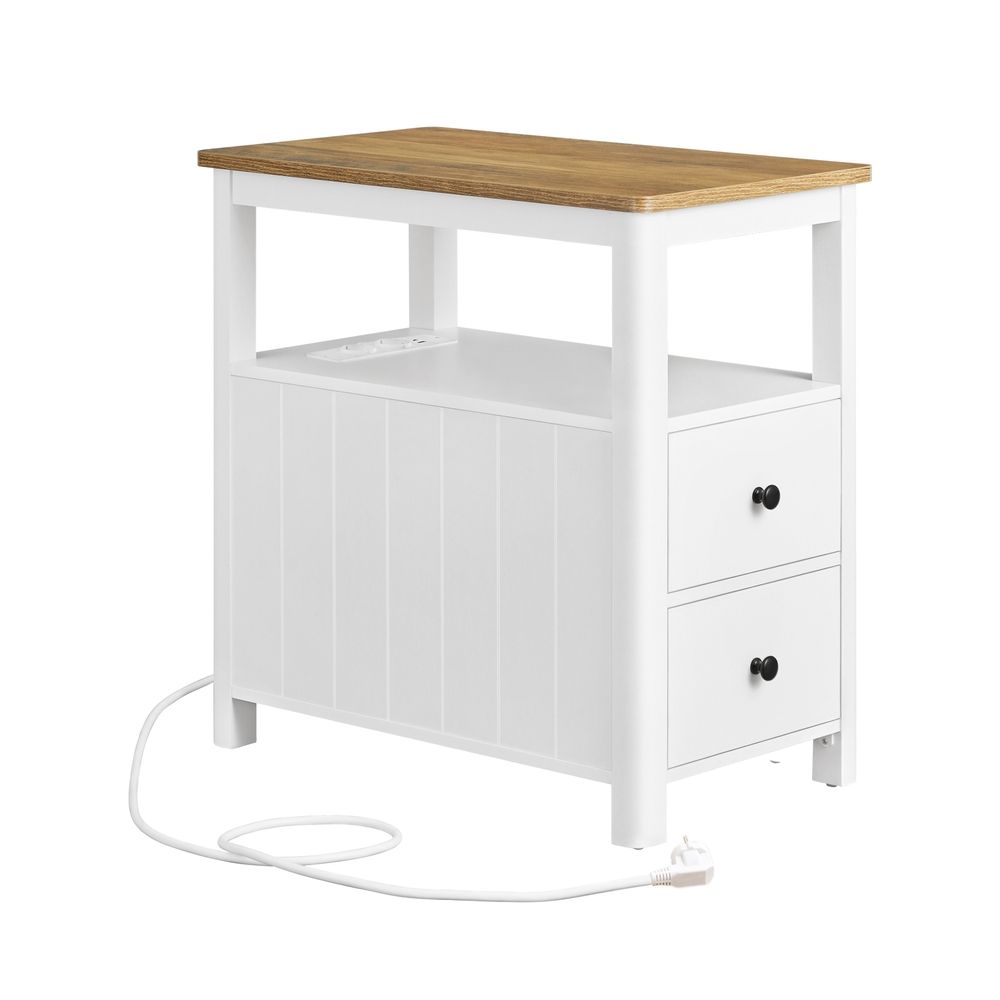 Beistelltisch, schmaler Nachttisch mit Steckdosenleiste, 2 Schubladen