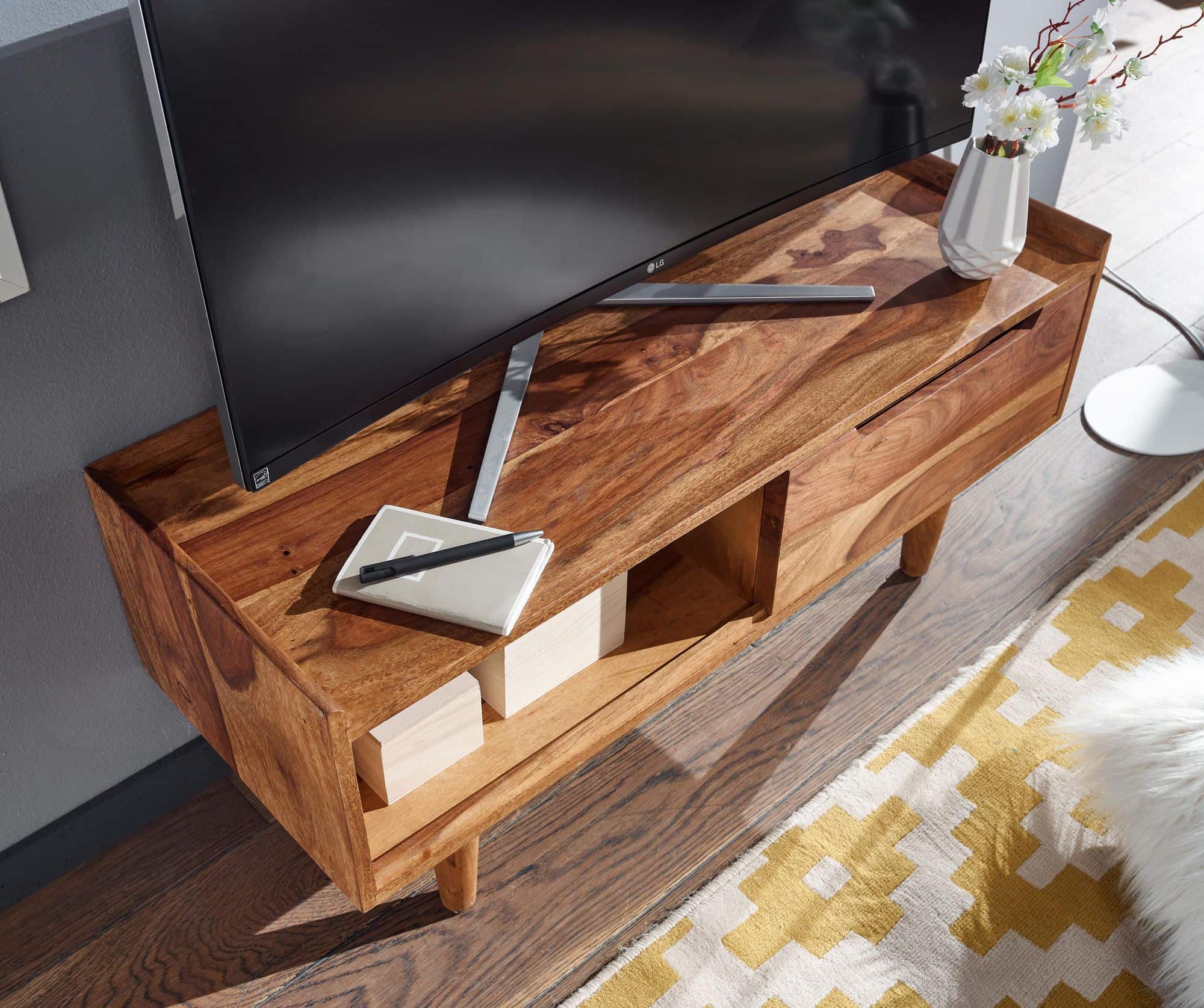 Lowboard Sheesham Massivholz 95x44x34 cm TV-Kommode mit Schiebetür Lowboard Sheesham Massivholz 95x44x34 cm TV-Kommode mit Schiebetür