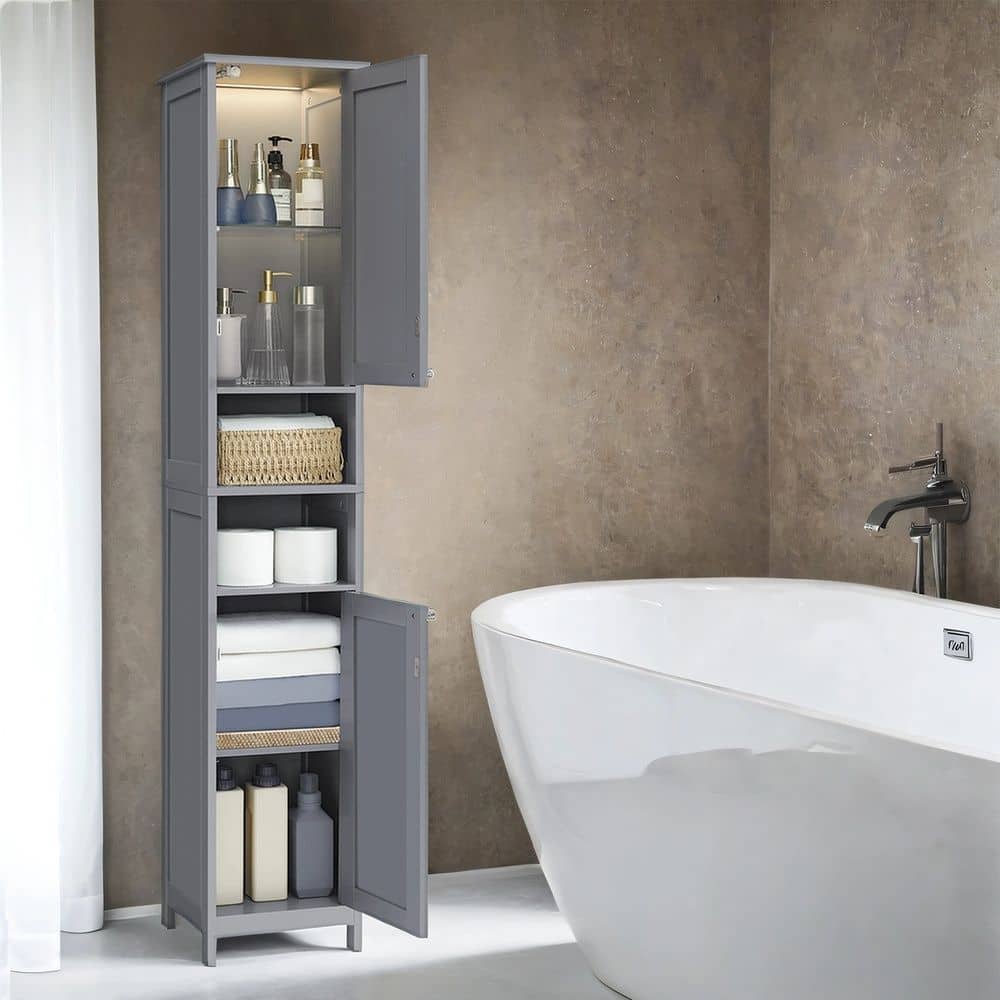 Hochschrank für Badezimmer mit Beleuchtung, verstellbaren Einlegeböden, offenen Fächern
