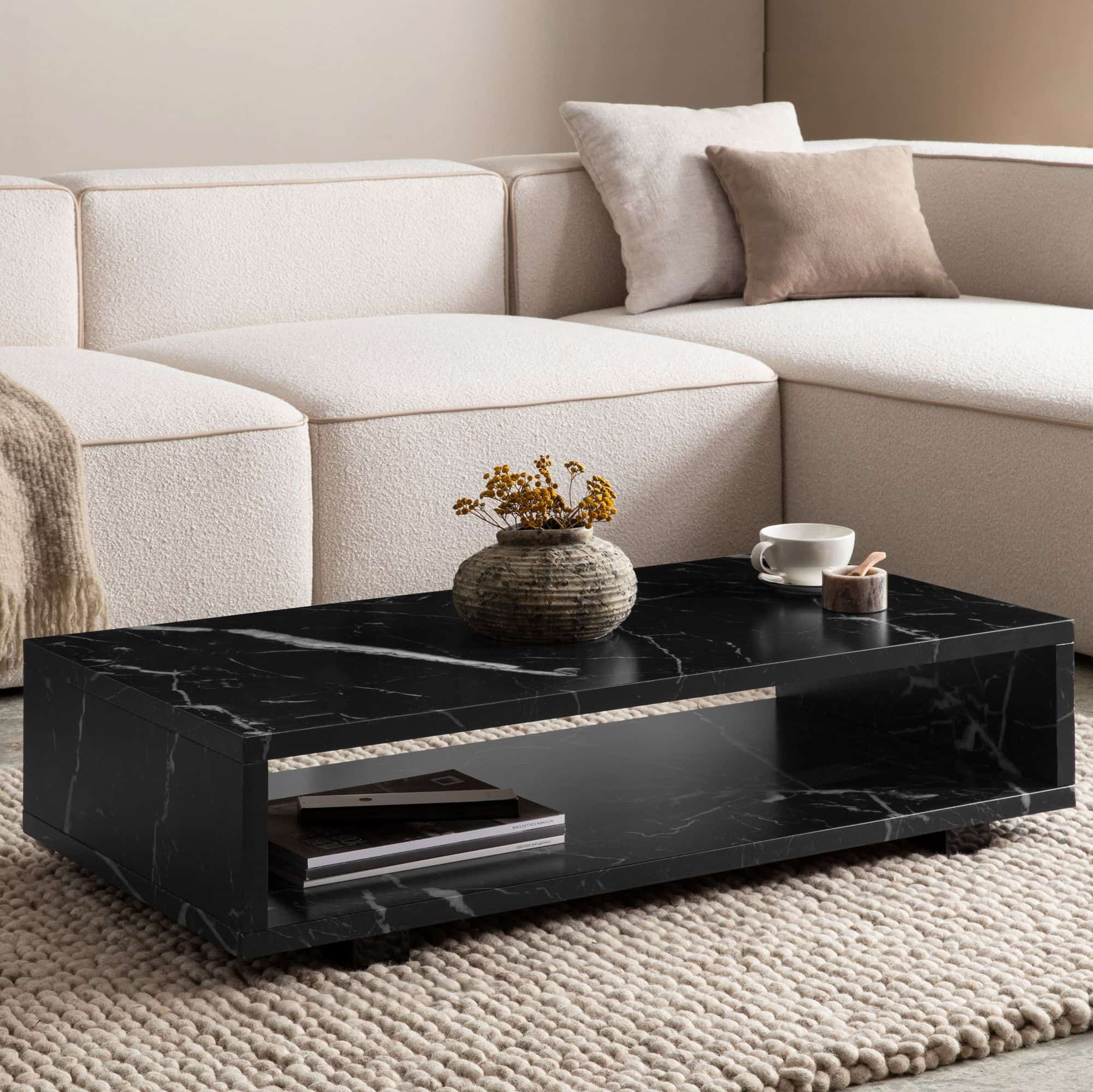 Couchtisch 100x50x25 cm Schwarz Sofatisch in Marmor-Optik Modern