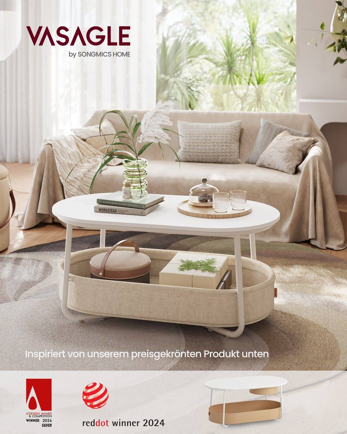 Couchtisch oval mit Stauraum und Stoffkorb Mattweiß-Kamelbraun Couchtisch oval mit Stauraum und Stoffkorb Mattweiß-Kamelbraun