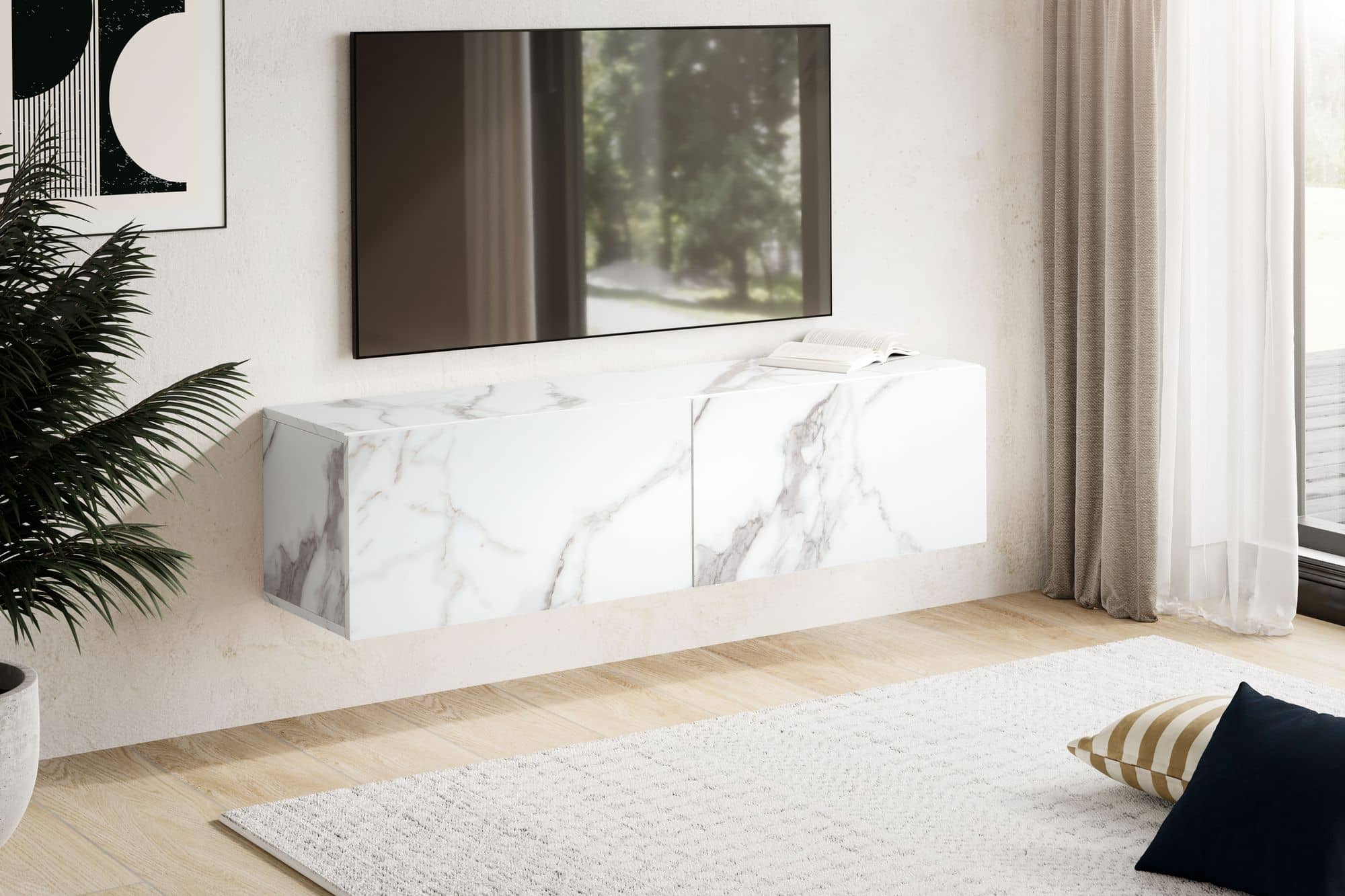 Lowboard Hängend Marmor-Optik Weiß 120x30x30 cm TV-Schrank Lowboard Hängend Marmor-Optik Weiß 120x30x30 cm TV-Schrank