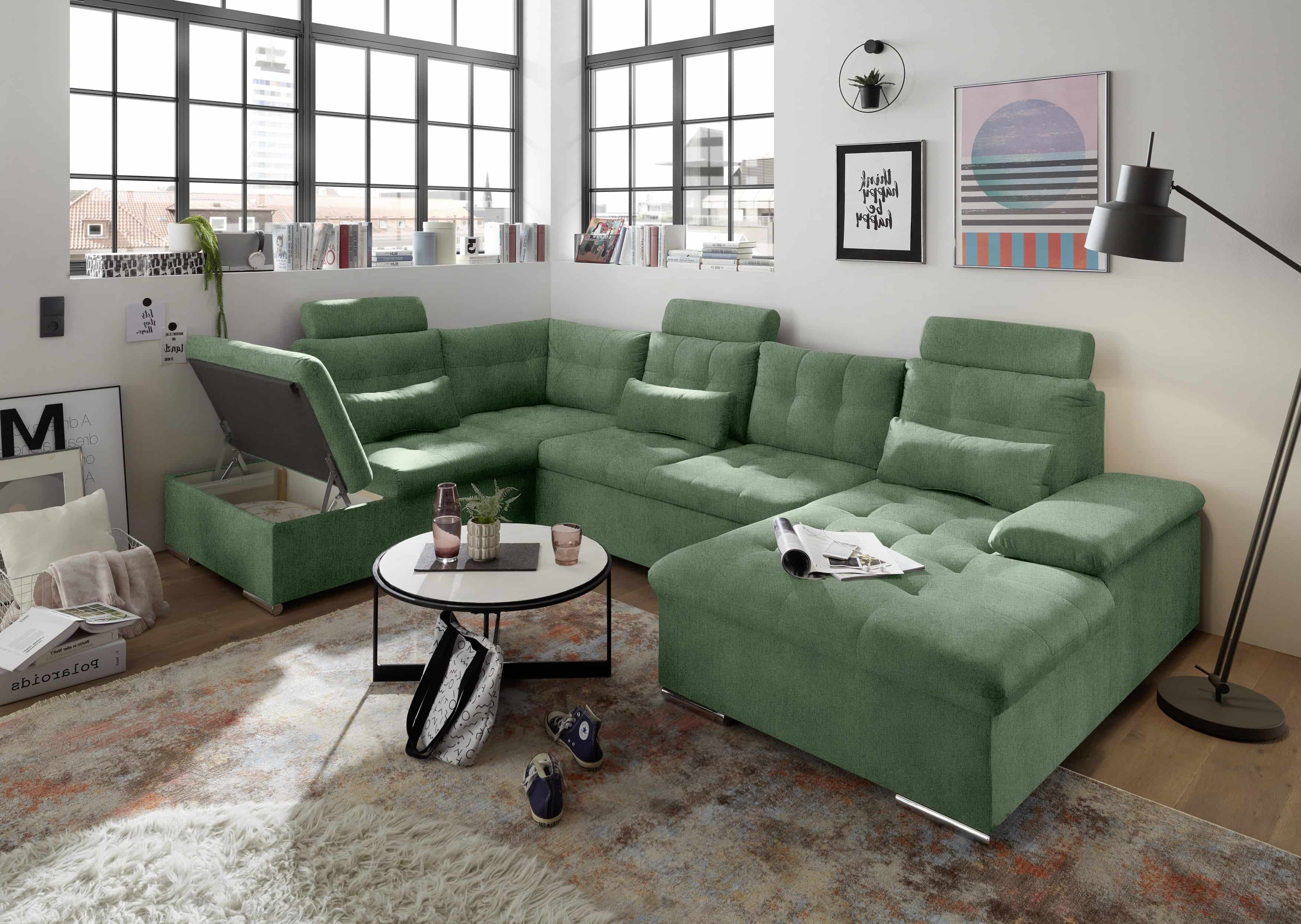 Sofa Grün mit Schlaffunktion und Bettkasten - Medan XXL Sofa Grün mit Schlaffunktion und Bettkasten - Medan XXL