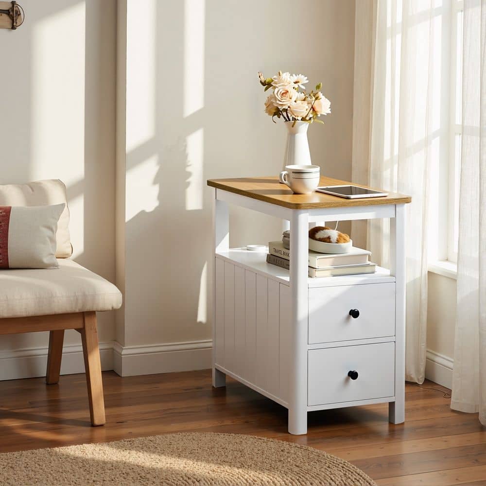 Beistelltisch, schmaler Nachttisch mit Steckdosenleiste, 2 Schubladen Beistelltisch, schmaler Nachttisch mit Steckdosenleiste, 2 Schubladen