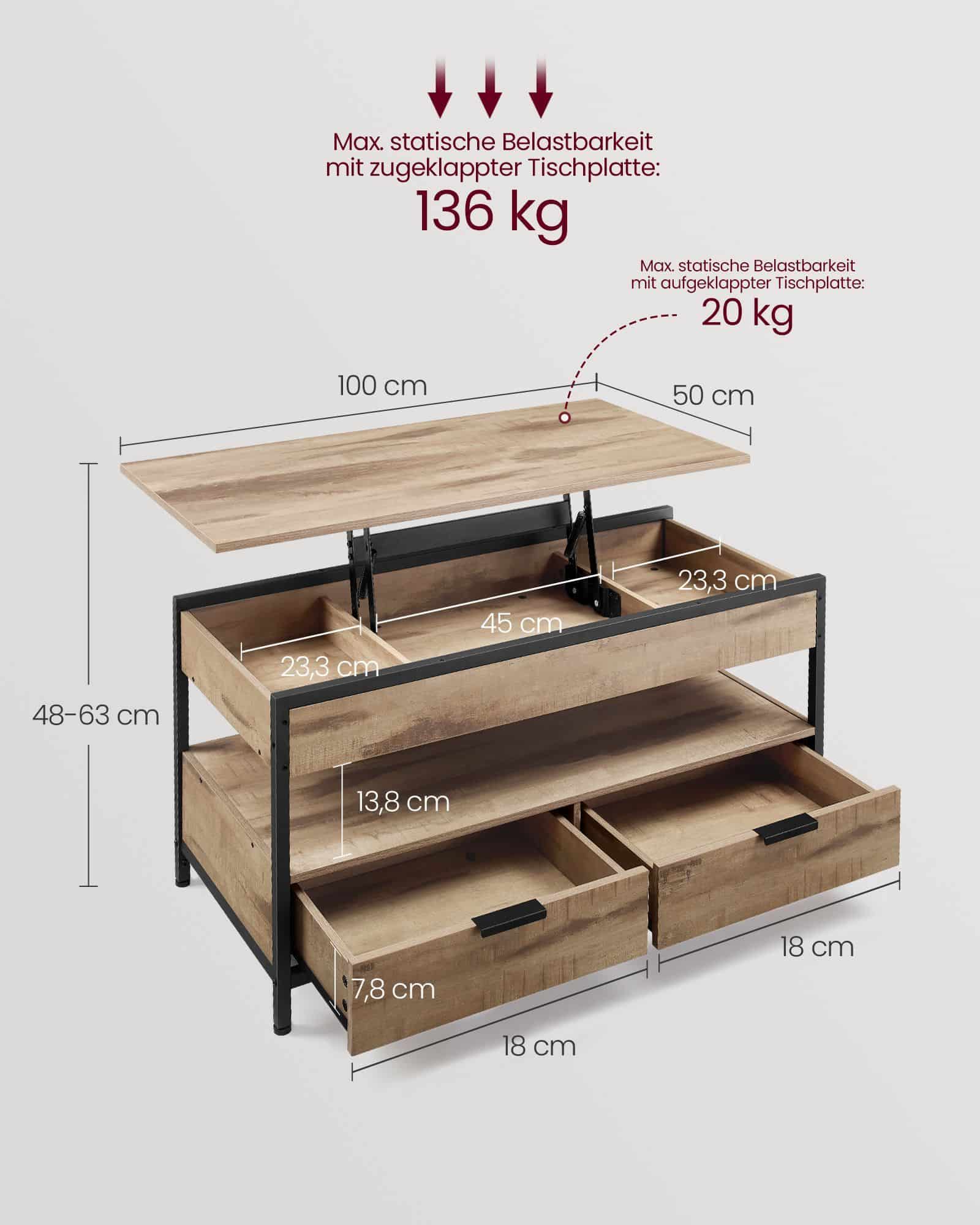 Couchtisch mit Schubladen und offnem Fach höhenverstellbar Couchtisch mit Schubladen und offnem Fach höhenverstellbar
