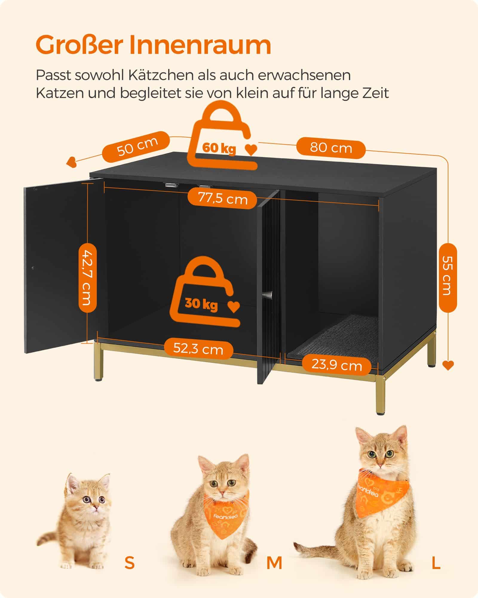Katzenklo-Schrank mit Kratzmatte und Beinen goldfarben Katzenklo-Schrank mit Kratzmatte und Beinen goldfarben