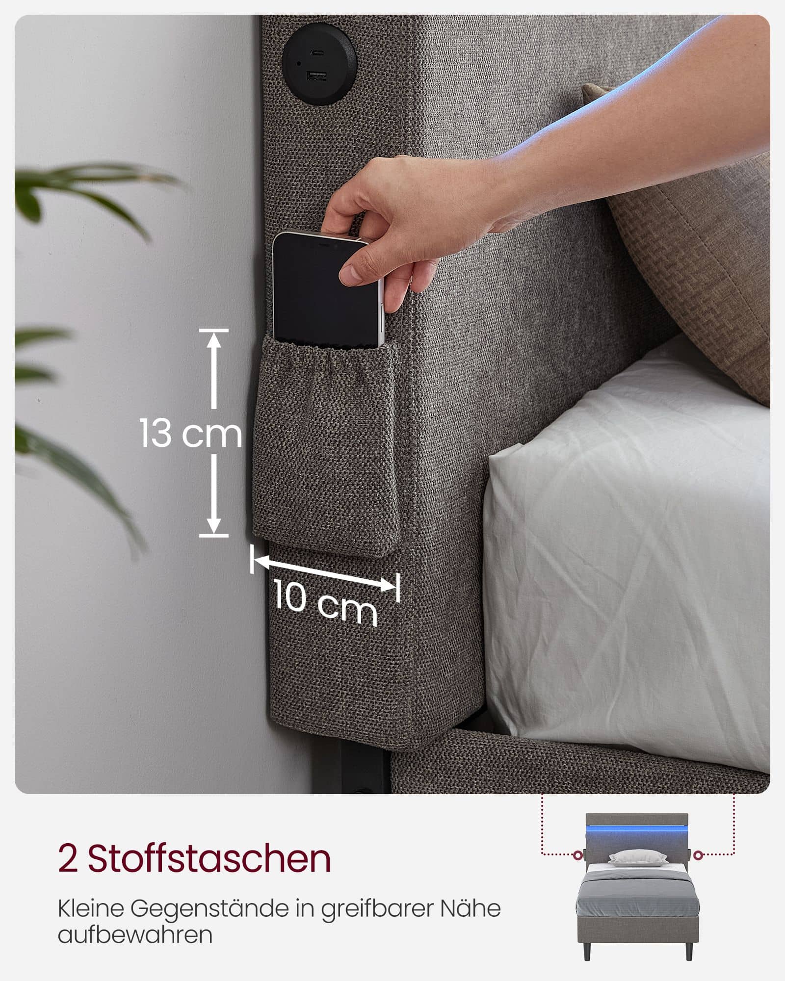 Doppelbett aus Metall 140 x 190 cm LED-Beleuchtung dunkelgrau Doppelbett aus Metall 140 x 190 cm LED-Beleuchtung dunkelgrau