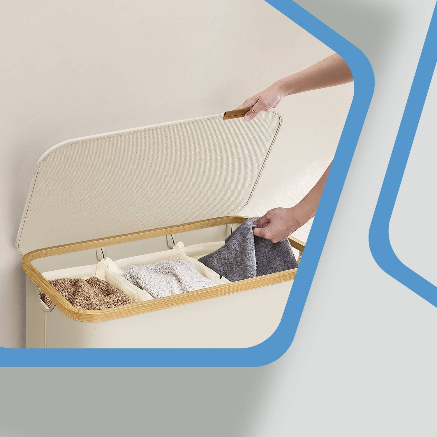 Wäschekorb 3 Fächer, Wäschesammler mit Deckel, 150 L