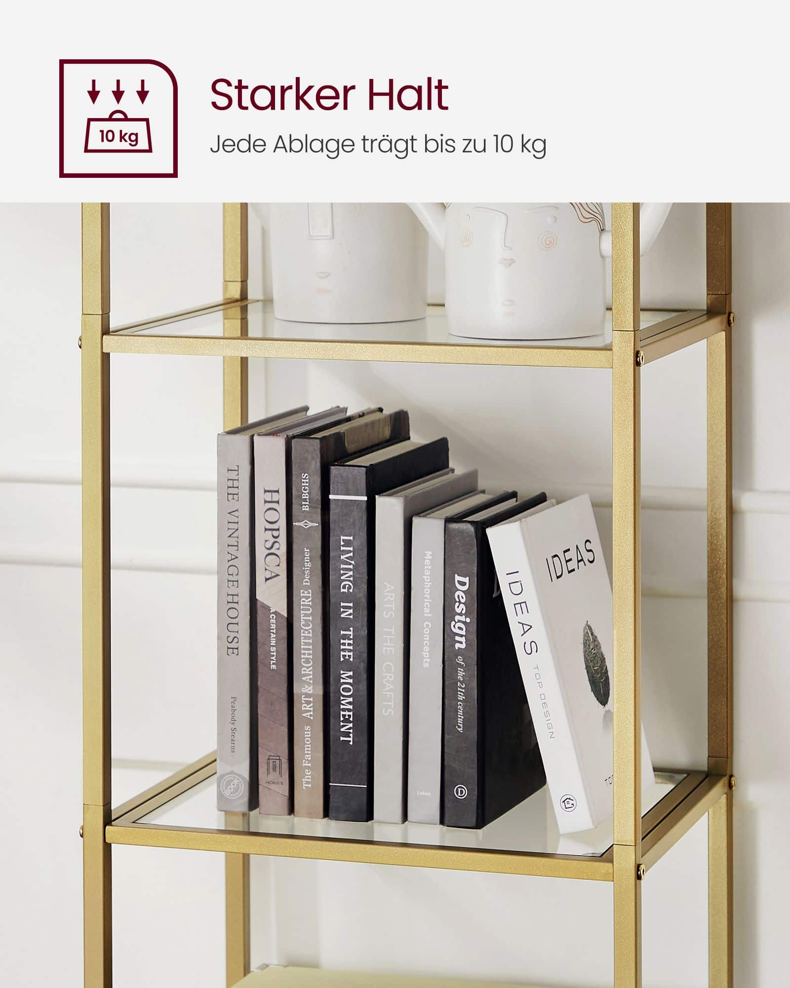 Bücherregal 5 Ebenen bogenförmig Metallstruktur goldfarben-transparent Bücherregal 5 Ebenen bogenförmig Metallstruktur goldfarben-transparent