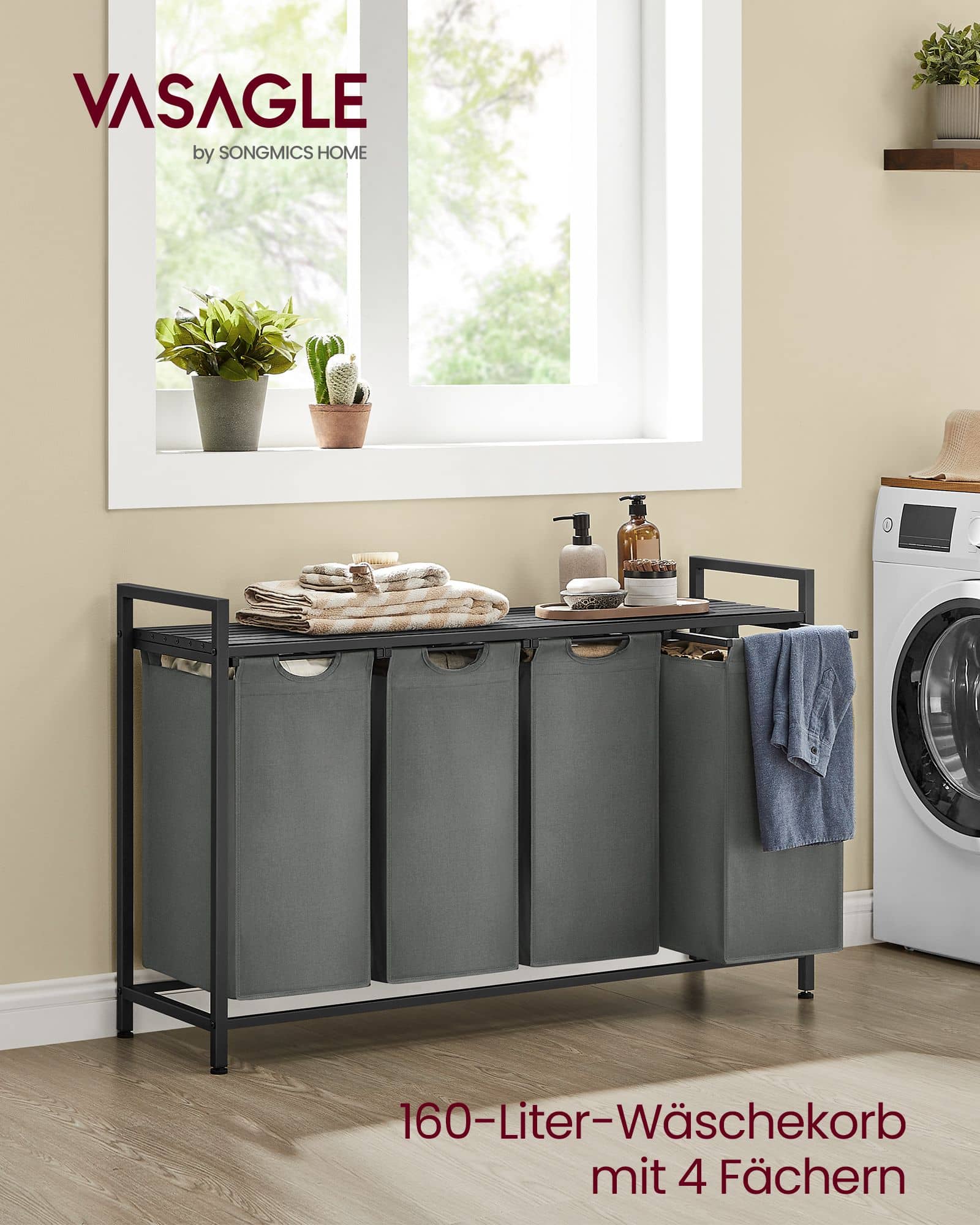 Wäschekorb 4 Fächer mit Ablage schwarz-grau Wäschekorb 4 Fächer mit Ablage schwarz-grau