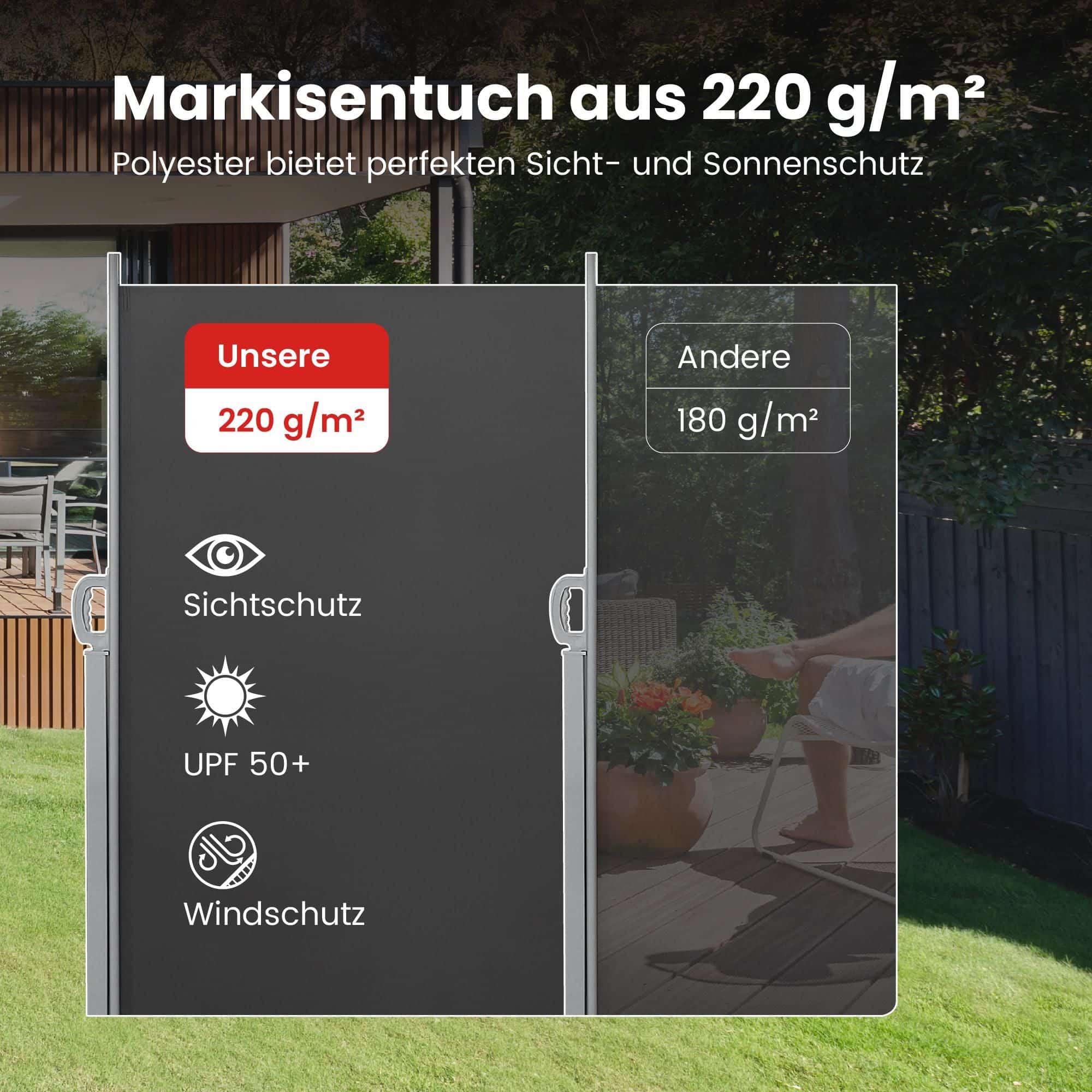 Seitenmarkise mit Stahl-Kasten, rostbeständig, ausziehbar Seitenmarkise mit Stahl-Kasten, rostbeständig, ausziehbar